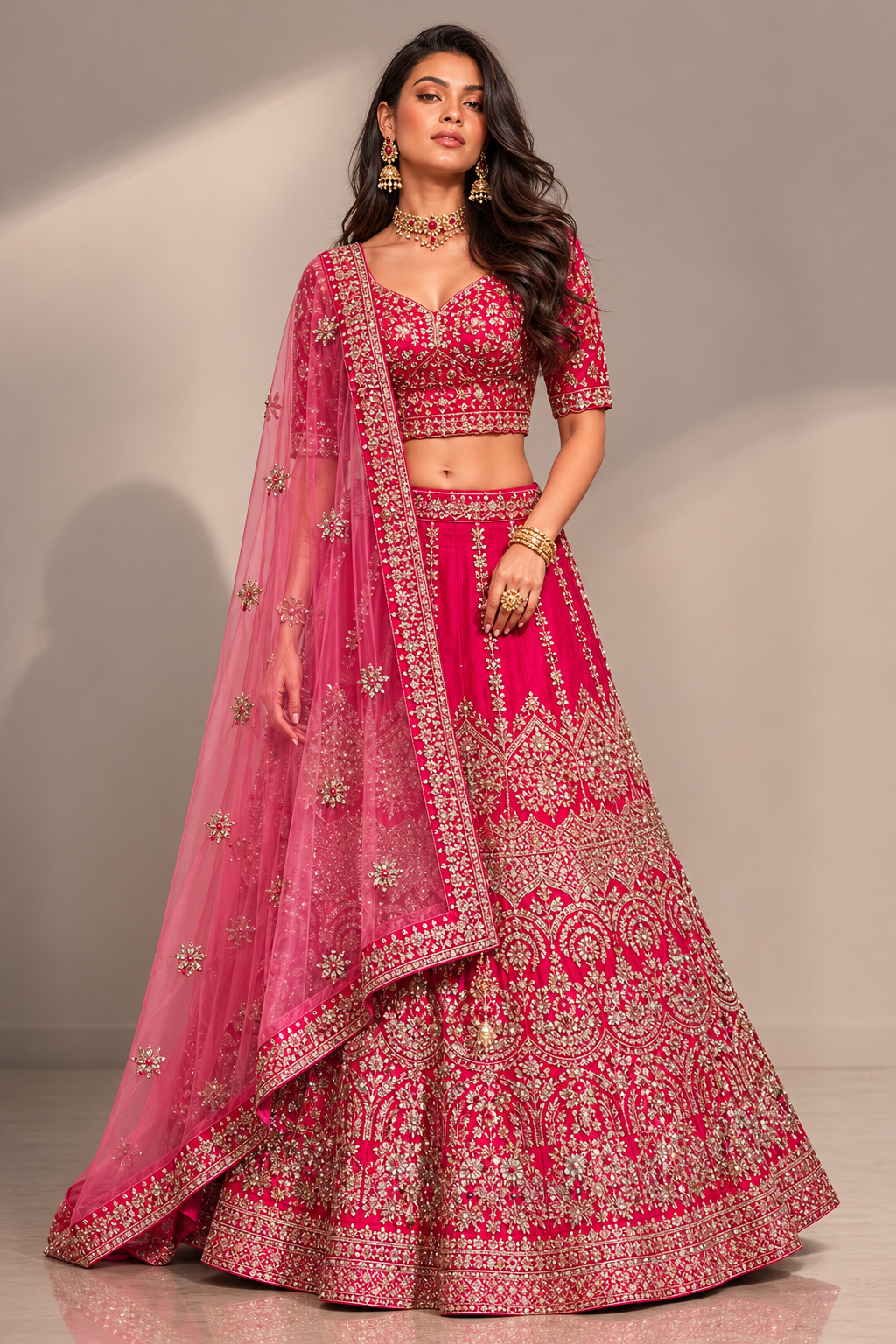 Rani Pink Raw Silk Bridal Lehenga with Resham, Kashab, Moti and Sicon Work