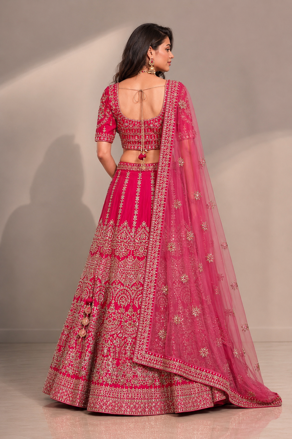 Rani Pink Raw Silk Bridal Lehenga with Resham, Kashab, Moti and Sicon Work