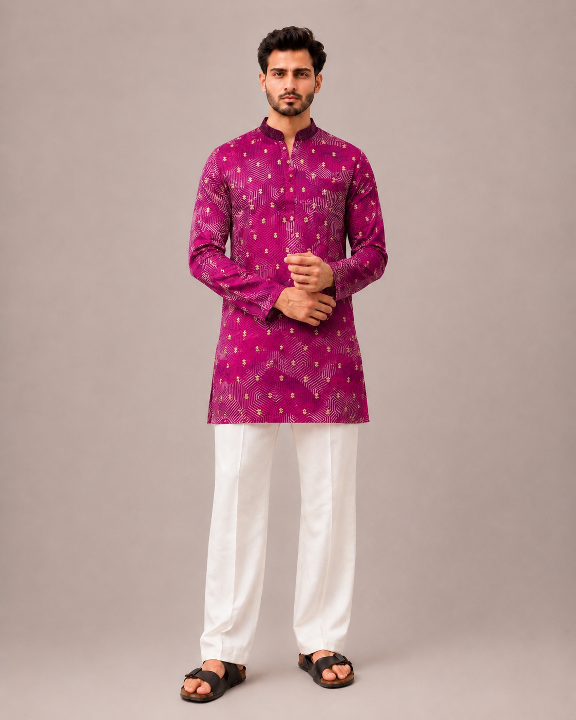 Rani Pink Silk Kurta Set with Machine Work