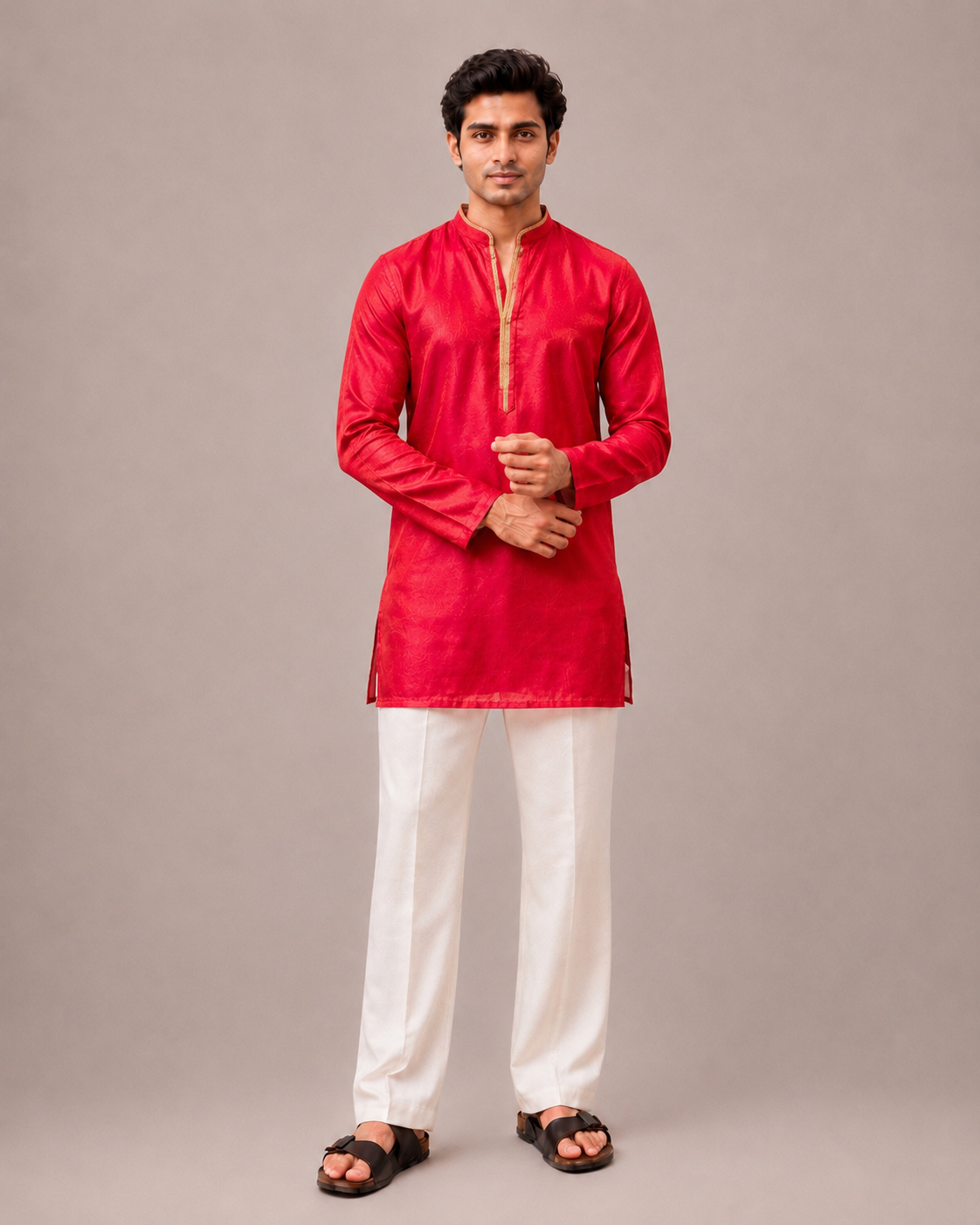 Rani Silk Kurta Set with V Neck Work