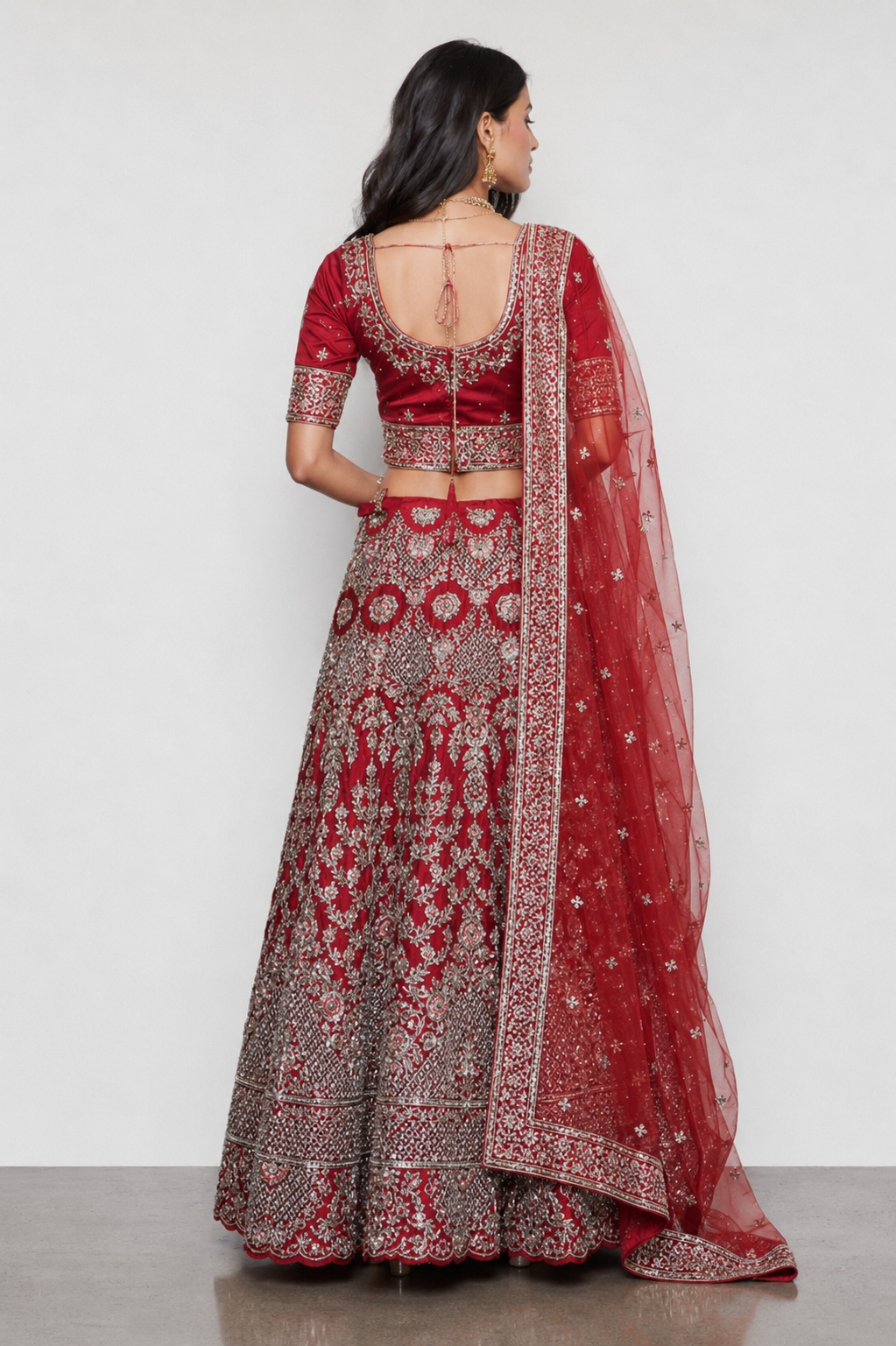 Red Butter Crepe Bridal Lehenga with Zardozi, Resham and Moti Work
