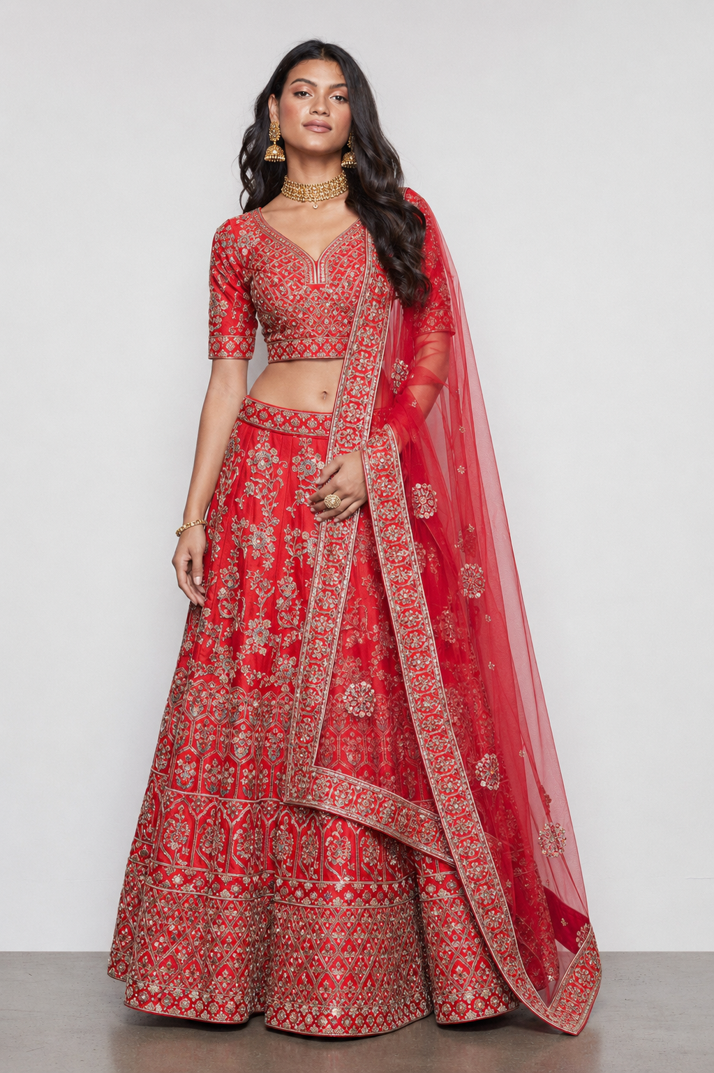 Red Pure Silk Bridal Lehenga with Hand Work Resham and Zardozi