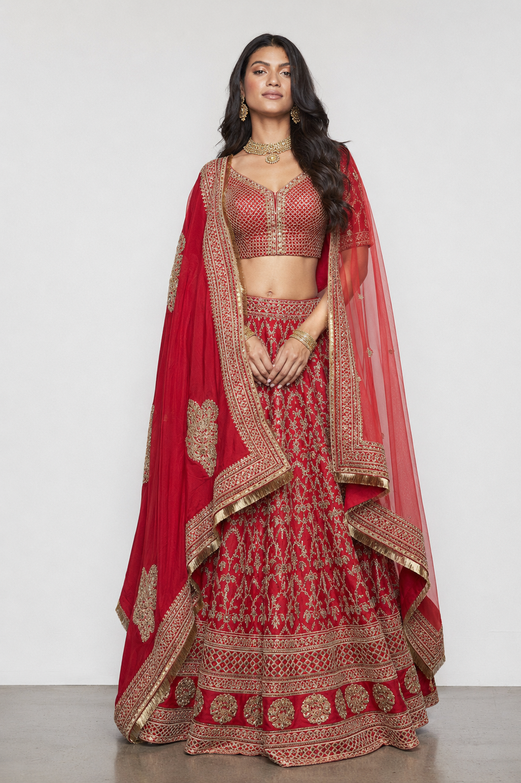 Red Pure Silk Bridal Lehenga with Siconwork and Diamond work