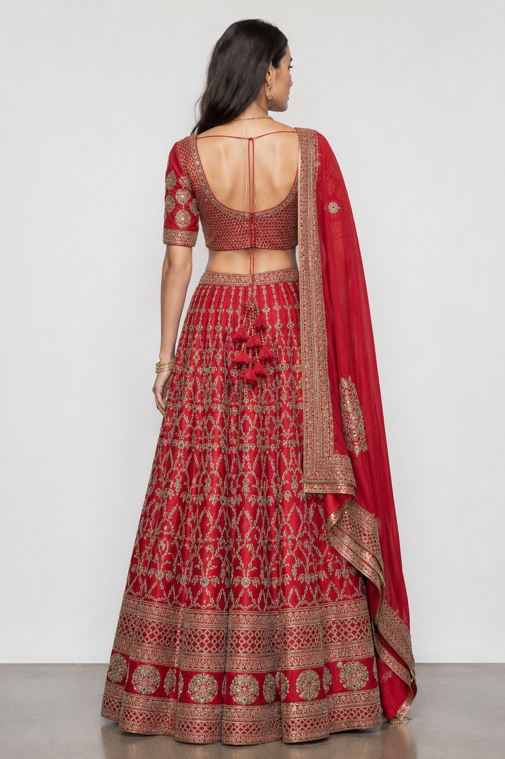 Red Pure Silk Bridal Lehenga with Siconwork and Diamond work