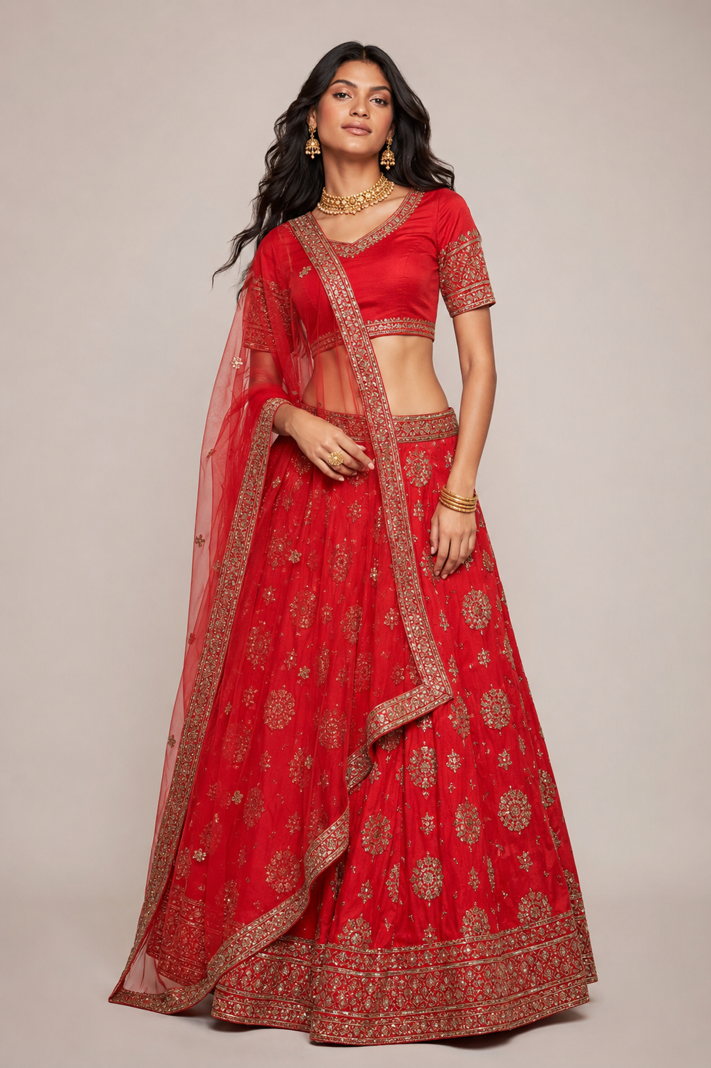 Red Raw Silk Bridal Lehenga with Kardana, Kashab and Sicon Work