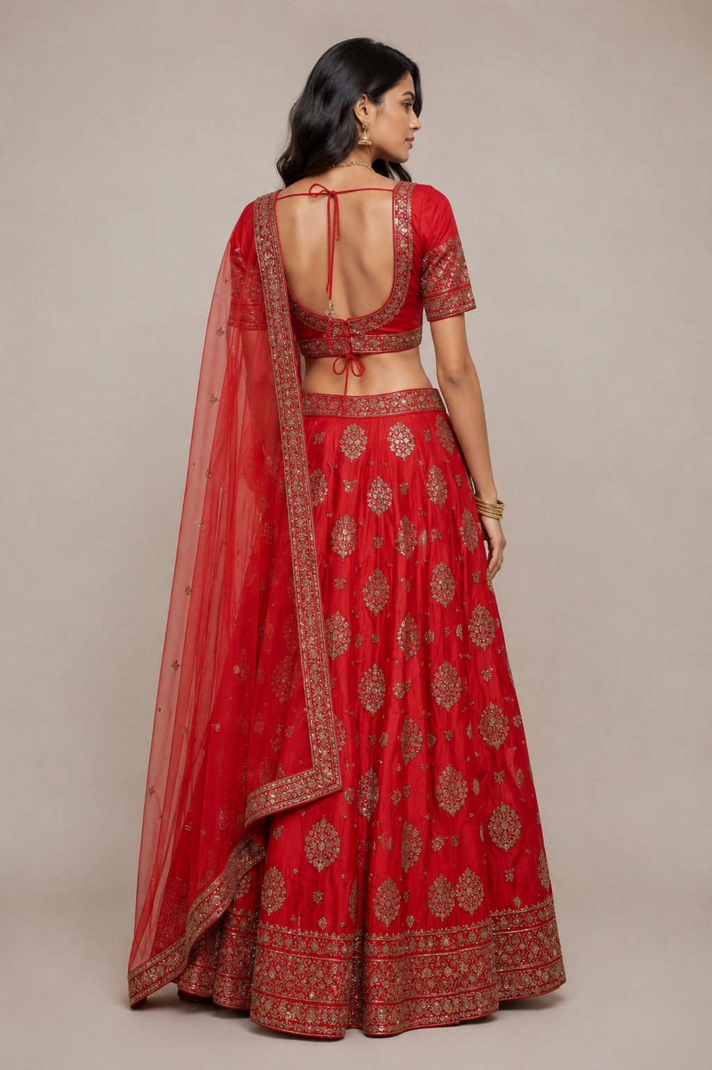 Red Raw Silk Bridal Lehenga with Kardana, Kashab and Sicon Work