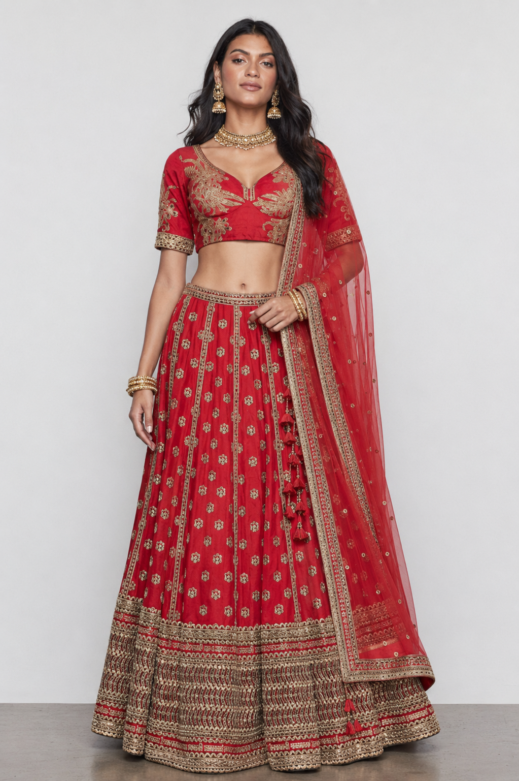 Red Raw Silk Bridal Lehenga with Kasab and Sequins Work