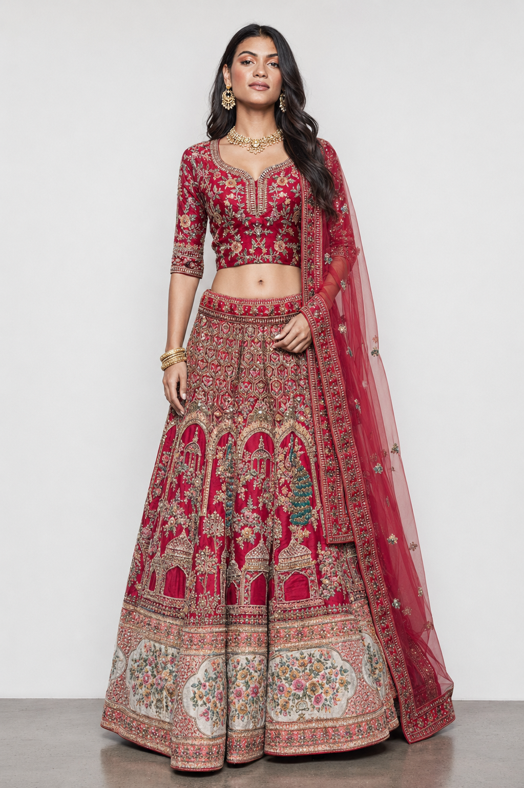 Red Raw Silk Bridal Lehenga with Resham and Kardana Work