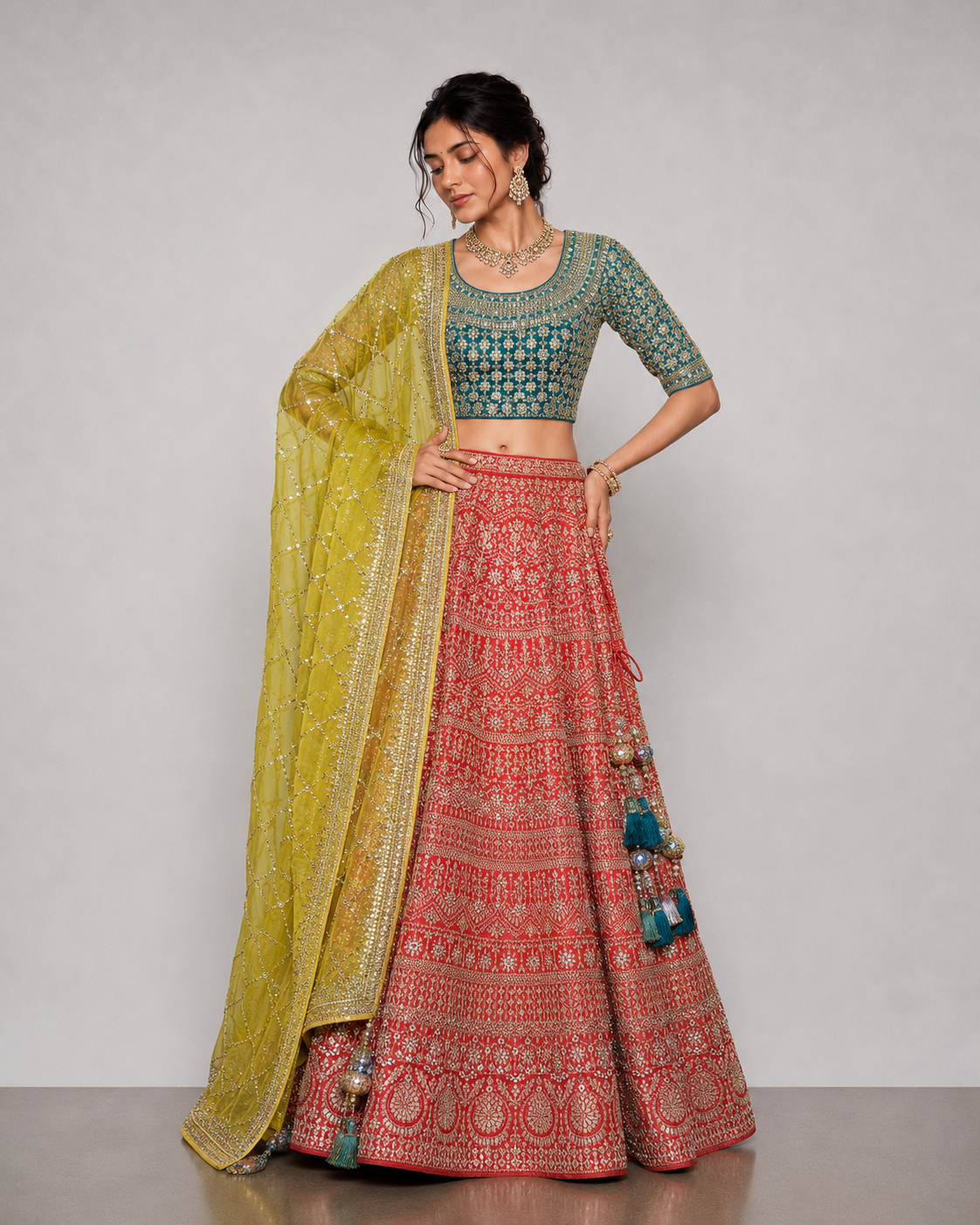 Red Raw Silk Lehenga Choli with Moti, Stone and Gota Patti Work