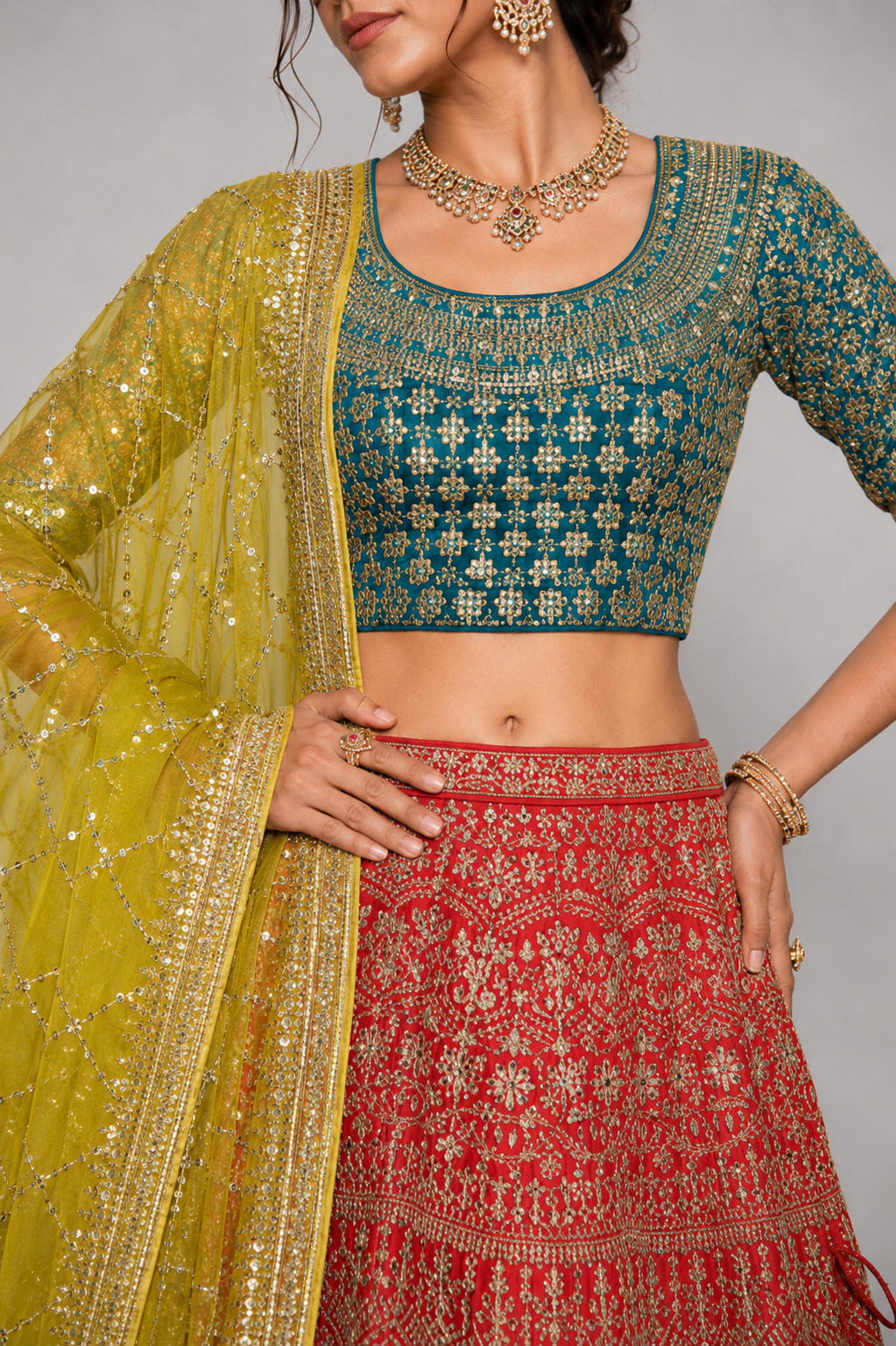 Red Raw Silk Lehenga Choli with Moti, Stone and Gota Patti Work