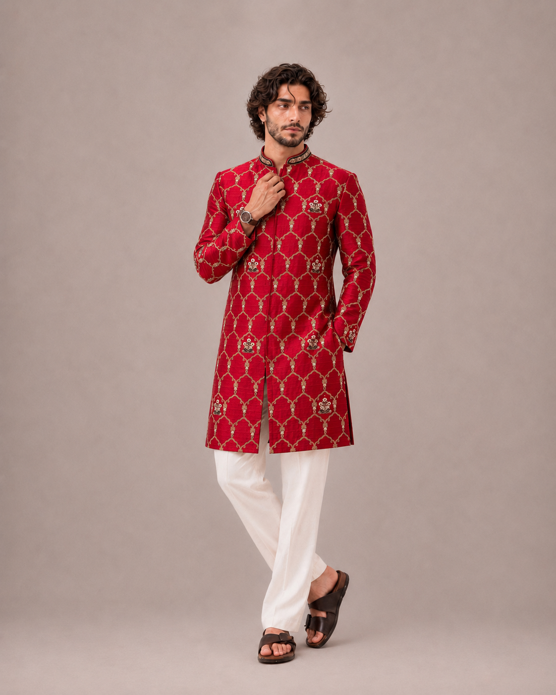 Red Raw Silk Sherwani for Men with Hand Work