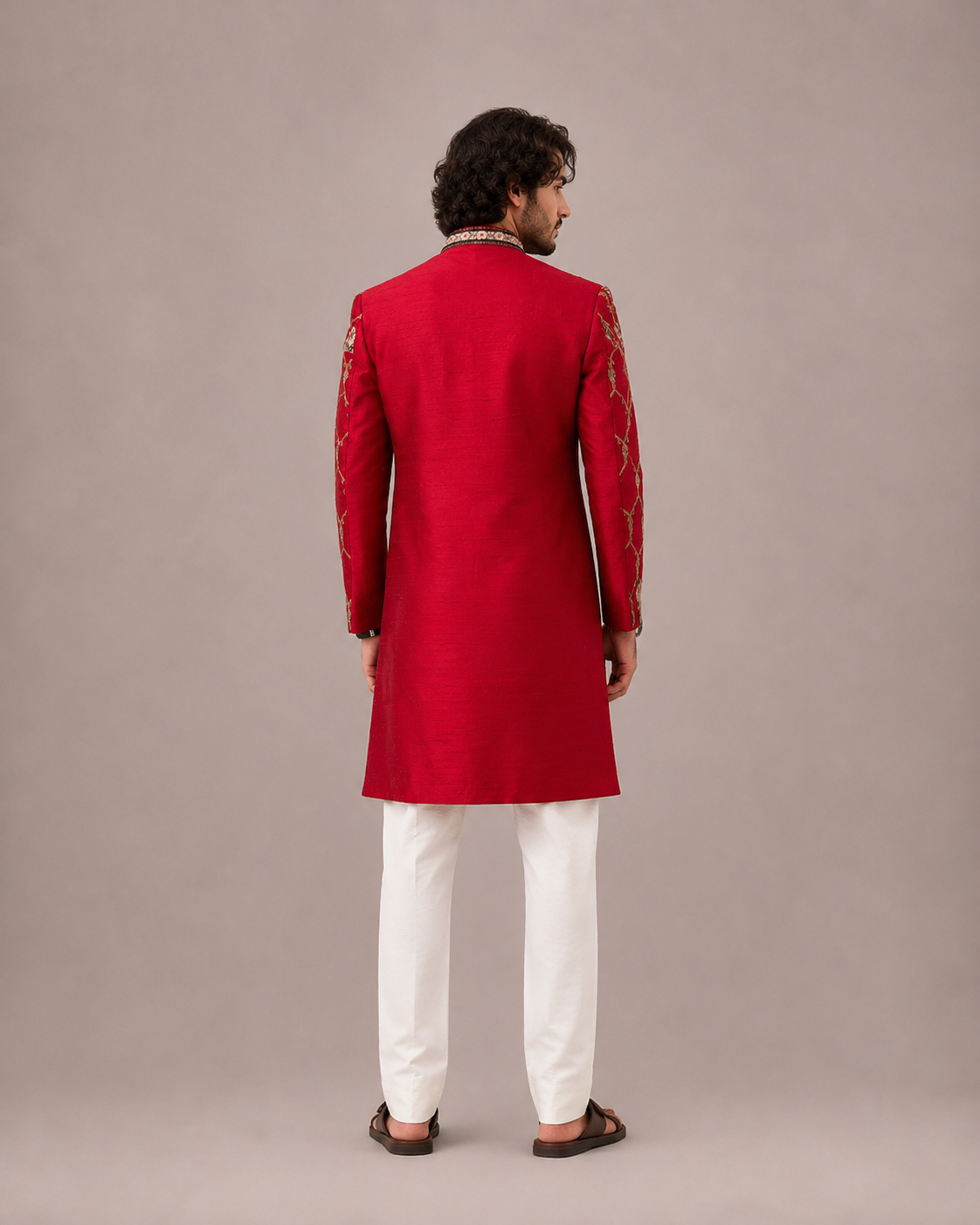 Red Raw Silk Sherwani for Men with Hand Work