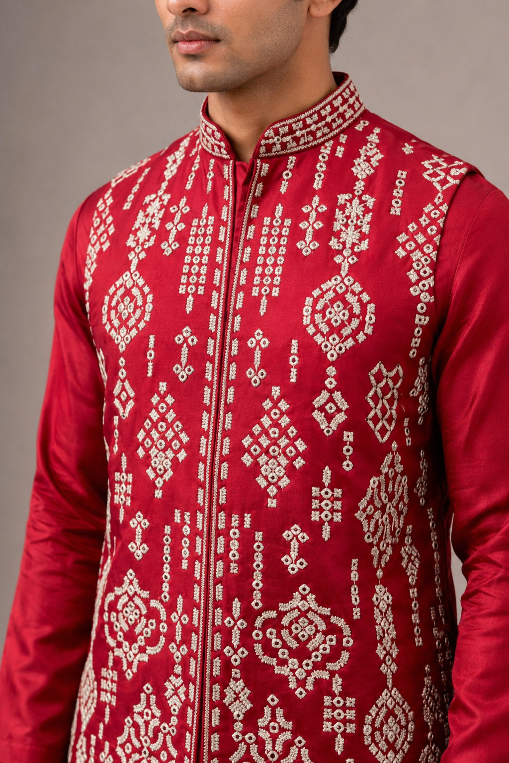 Red Silk Jacket Set with Machine Embroidery and Mirror Work
