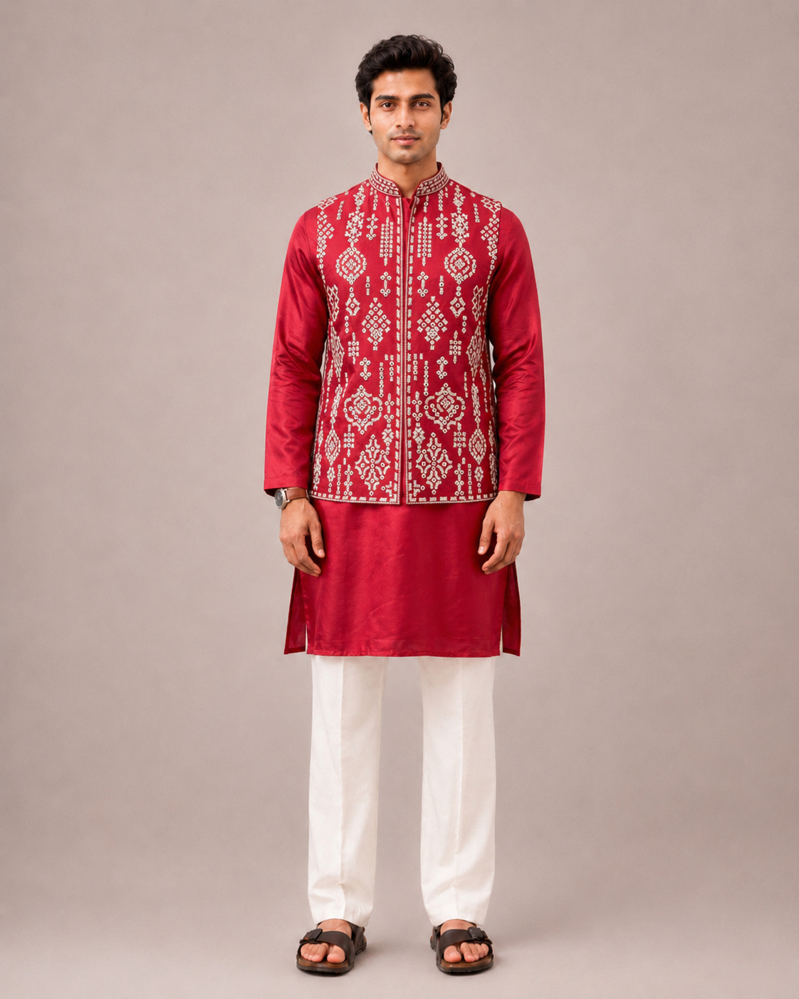 Red Silk Jacket Set with Machine Embroidery and Mirror Work