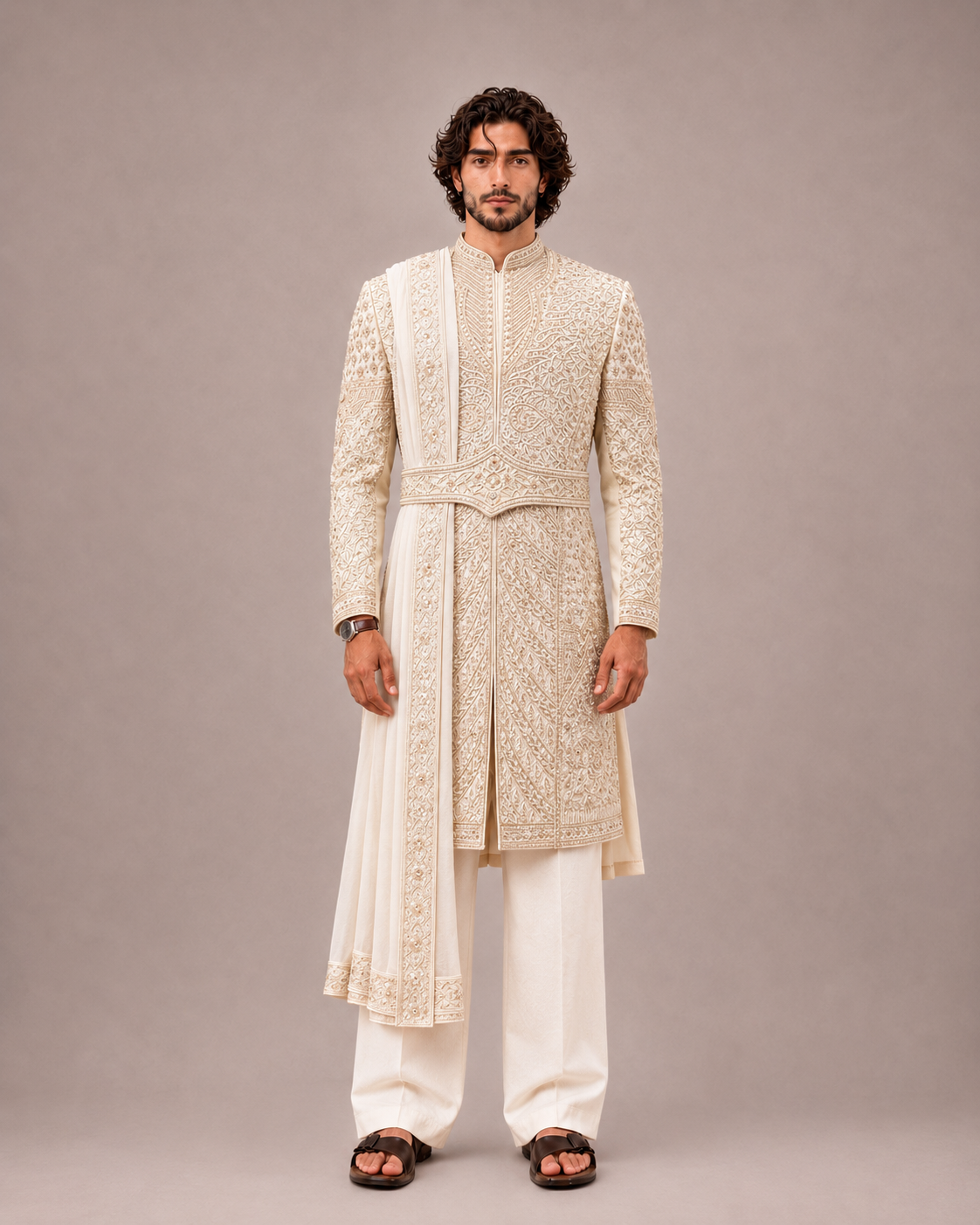 Rose Gold Pure Silk Sherwani for Men with Hand and Pal Work