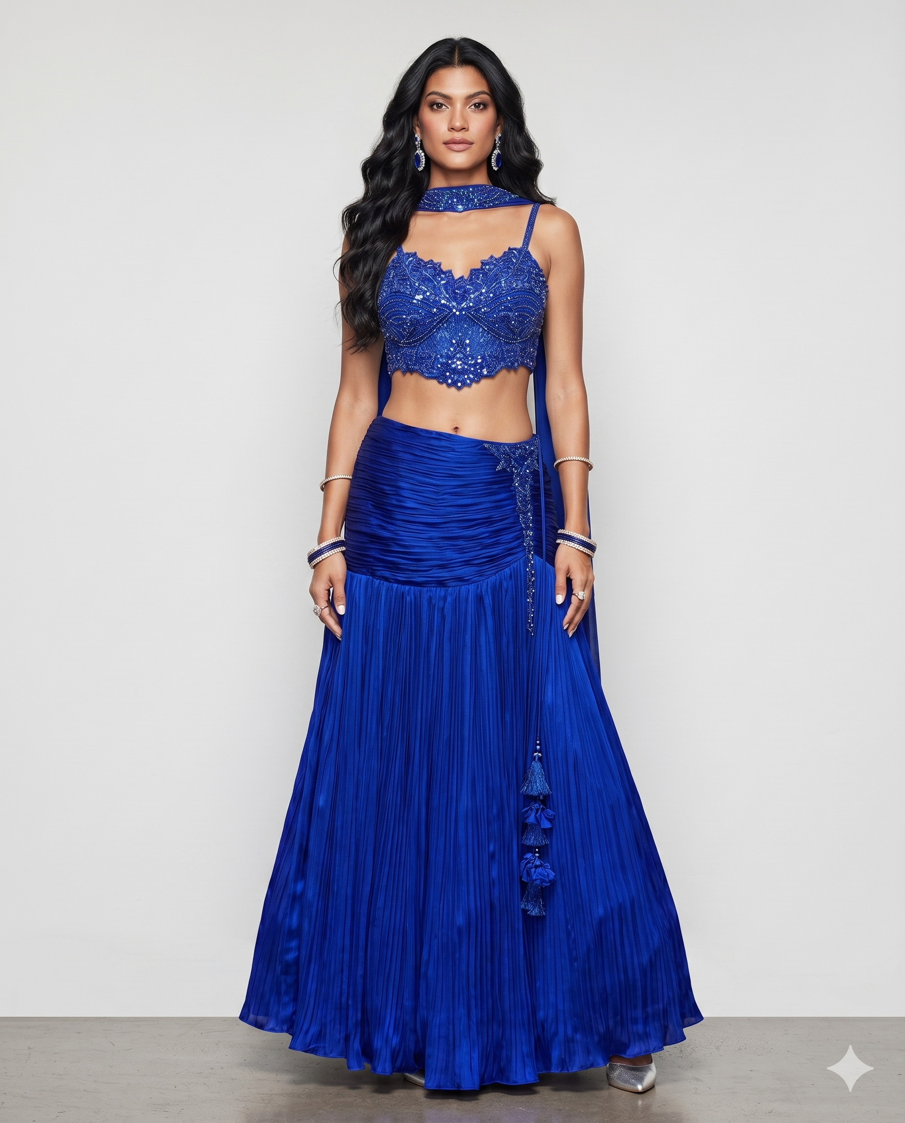 Royal Blue Butter Crepe Lehenga Choli with Kardana, Moti and Resham Work