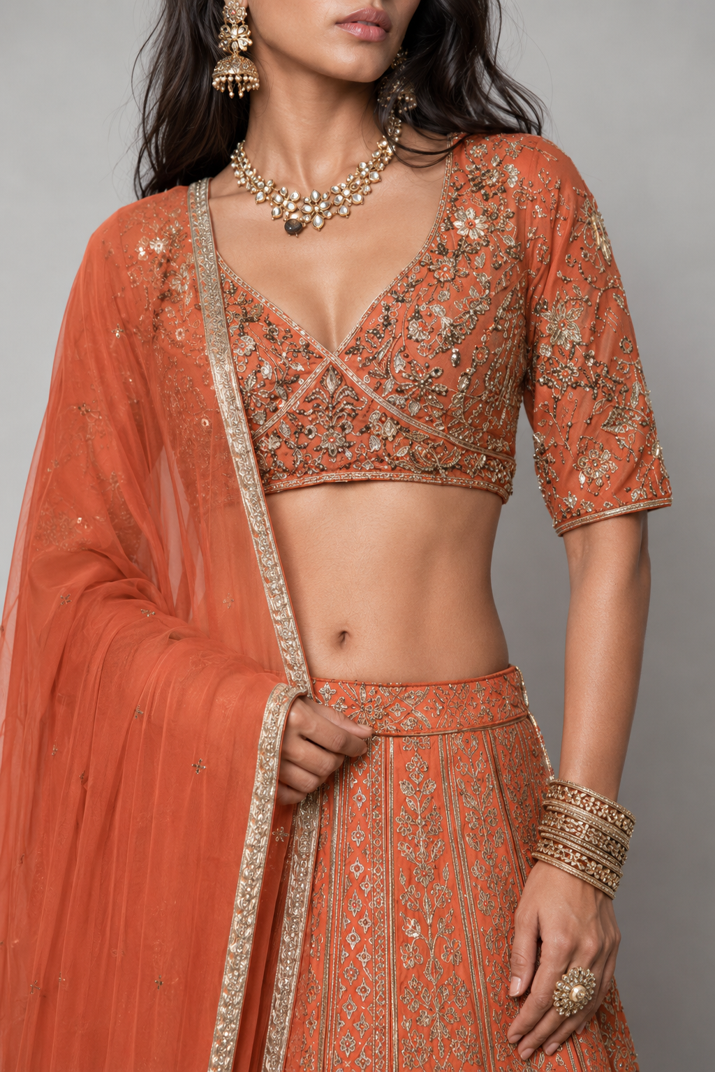 Rust Banarasi Silk Lehenga Choli with Zardozi, Kashab, Moti and Tikki Work
