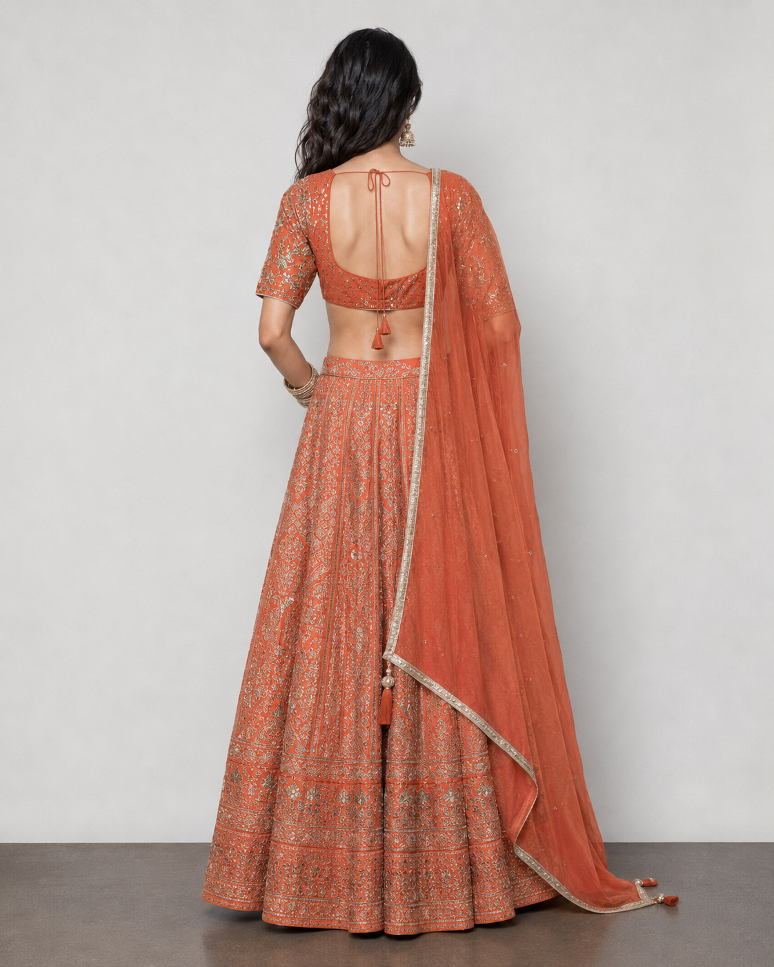 Rust Banarasi Silk Lehenga Choli with Zardozi, Kashab, Moti and Tikki Work