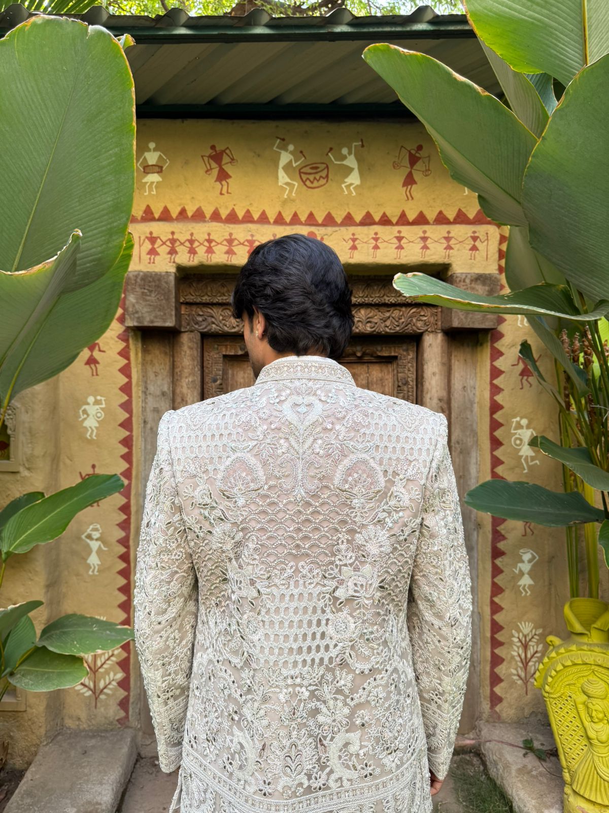 Beige Art Silk Open Indo Western with Resham, Pearl, and Sequins Work