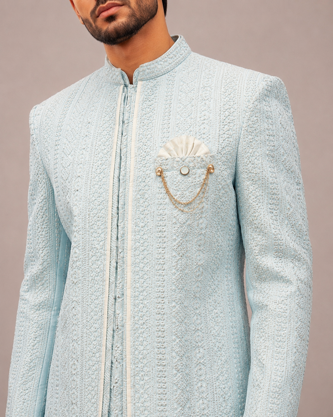 Sky Blue Lakhnavi Indo Western for Men with Thread Work
