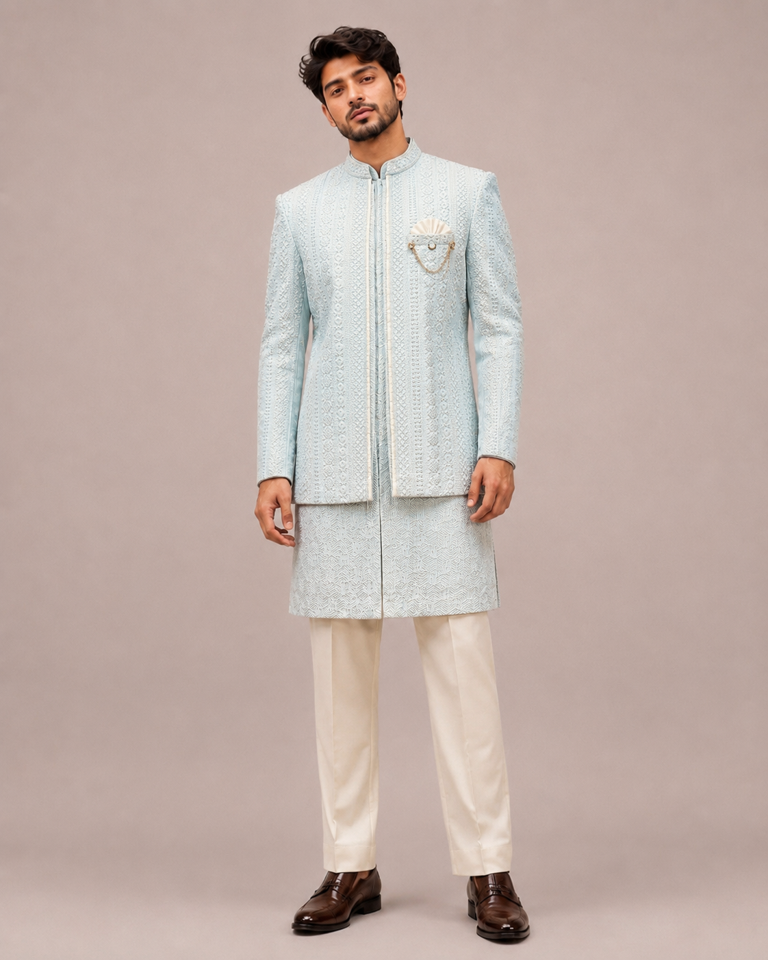 Sky Blue Lakhnavi Indo Western for Men with Thread Work