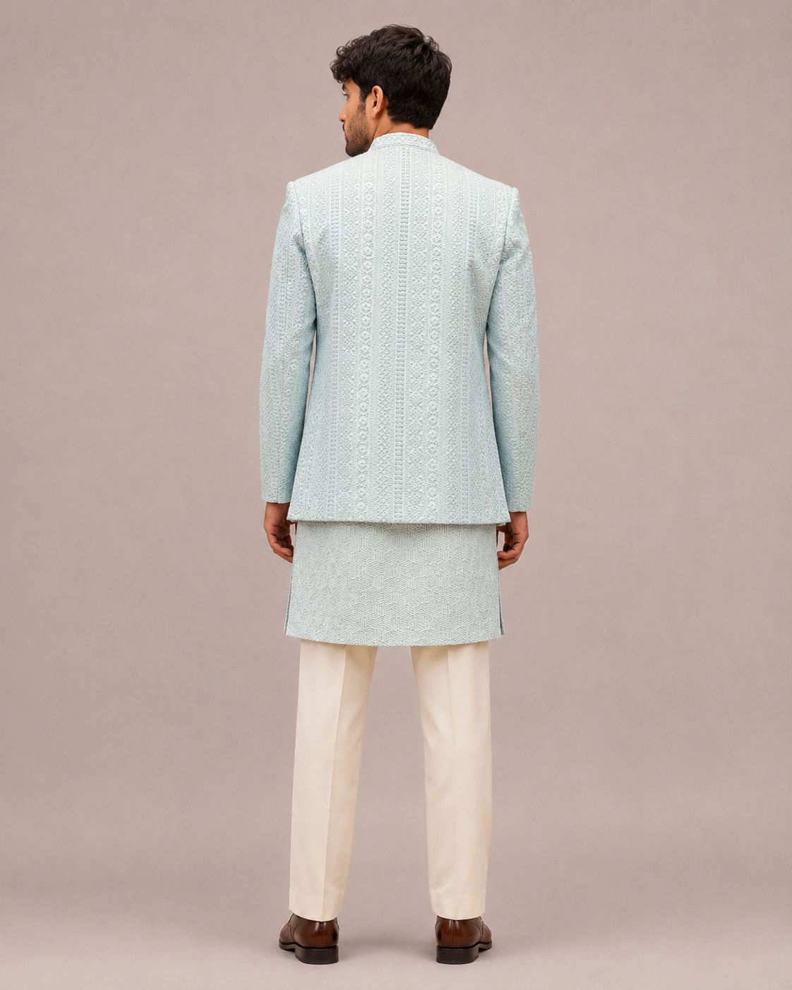 Sky Blue Lakhnavi Indo Western for Men with Thread Work
