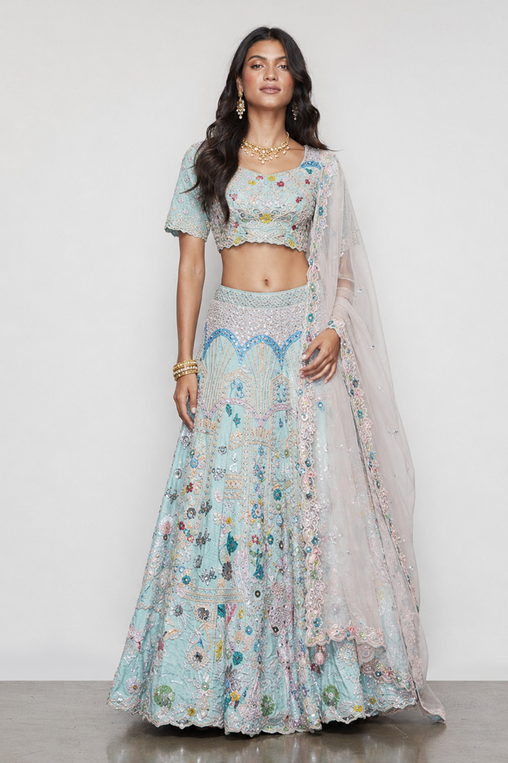 Sky Blue Raw Silk Bridal Lehenga with Resham, Sicon, Moti and Kardana Work