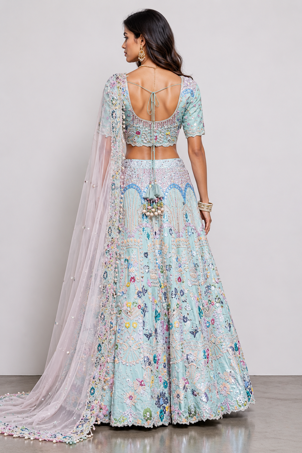 Sky Blue Raw Silk Bridal Lehenga with Resham, Sicon, Moti and Kardana Work