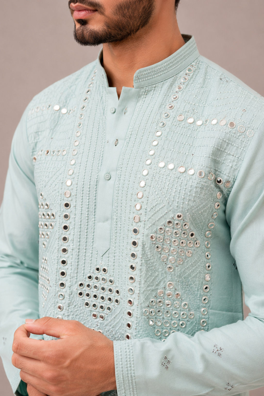Sky Blue Silk Kurta Set with Hand Mirror and Embroidery Work