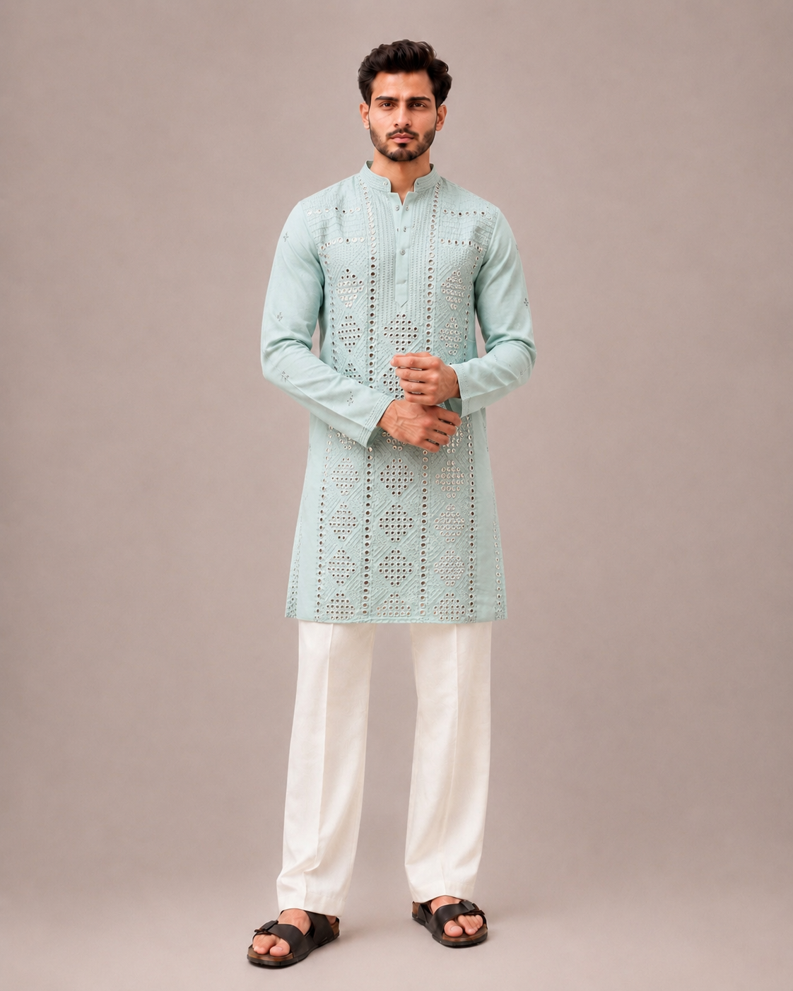 Sky Blue Silk Kurta Set with Hand Mirror and Embroidery Work