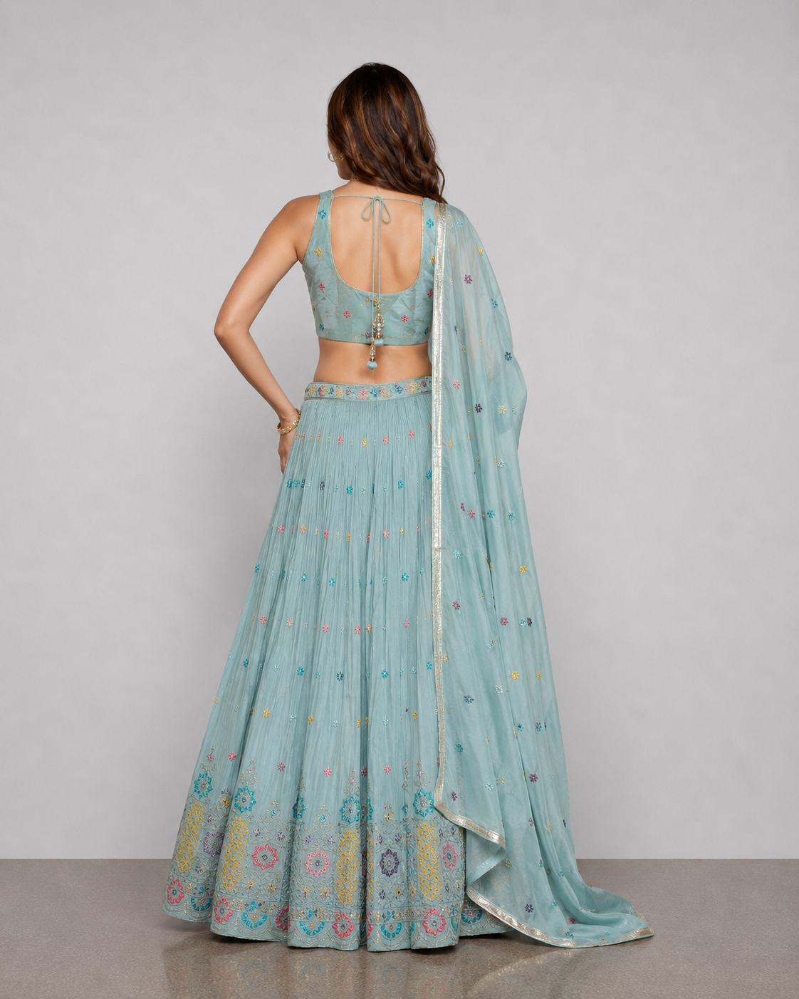 Sky Blue Tissue Silk Lehenga Choli with Moti, Miral and Resham Work