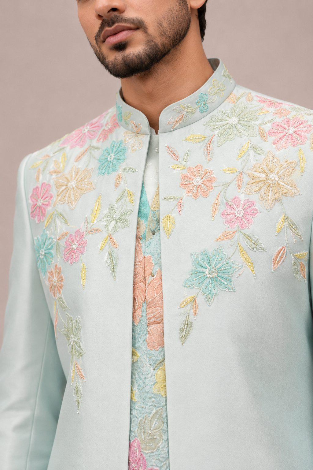 Steel Blue Silk Indo Western for Men with Kurta Zari and Multi Color Sequin Work