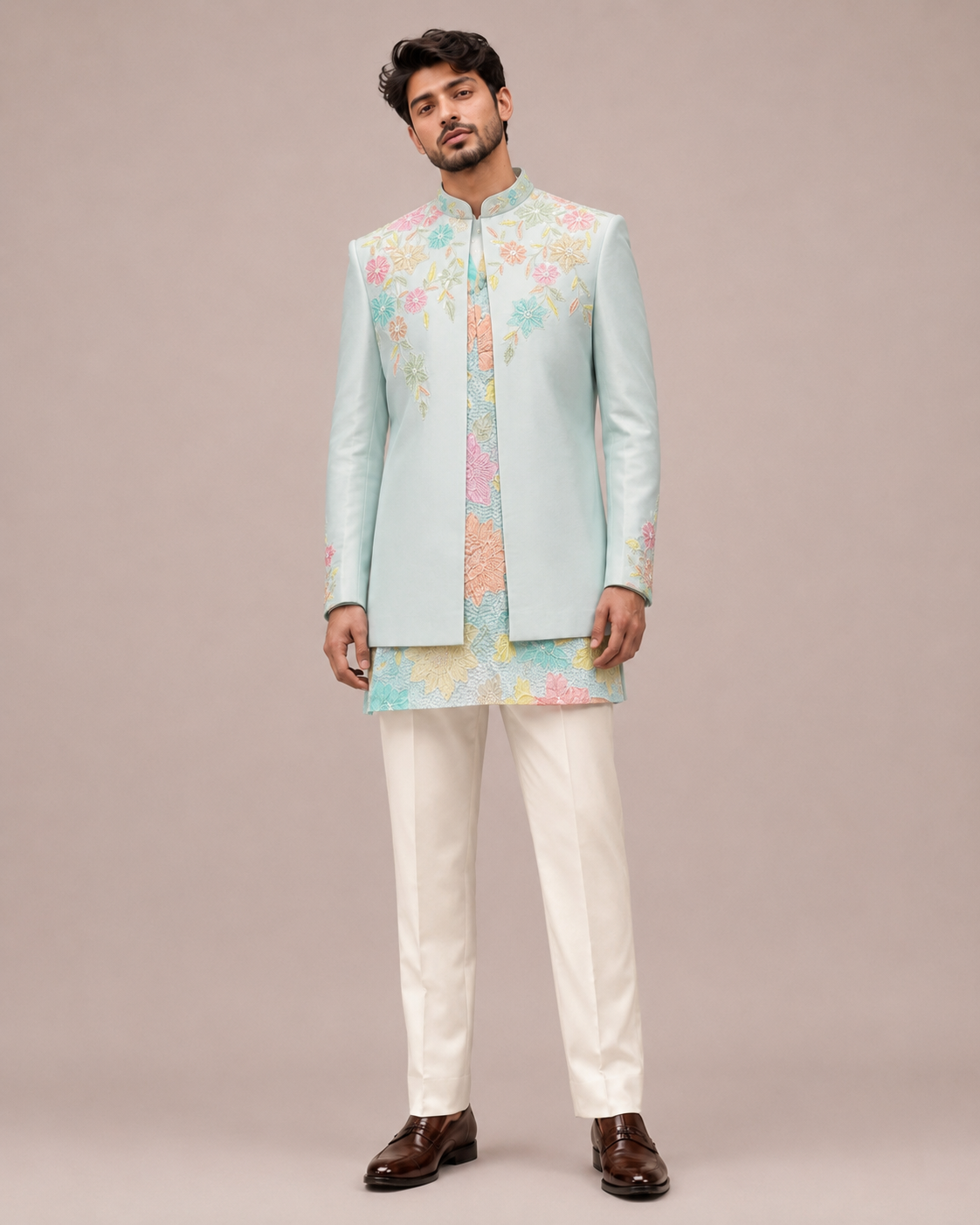 Steel Blue Silk Indo Western for Men with Kurta Zari and Multi Color Sequin Work