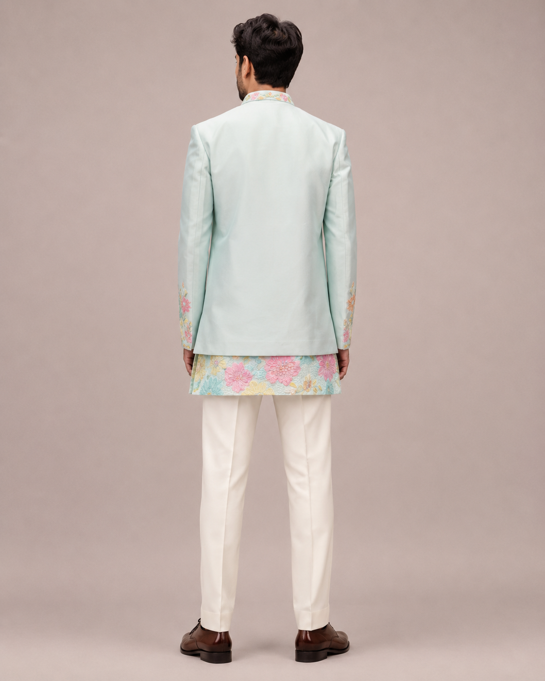 Steel Blue Silk Indo Western for Men with Kurta Zari and Multi Color Sequin Work