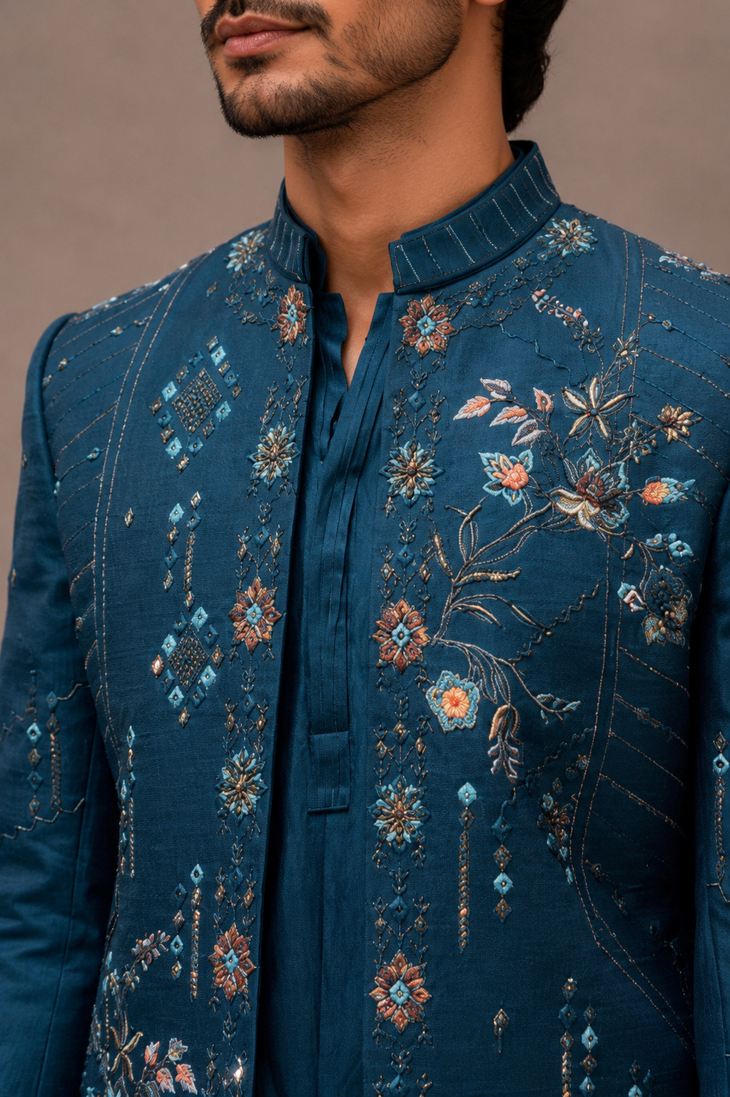Teal Blue Linen Satin Silk Jodhpuri Suit with Machine Embroidery Work