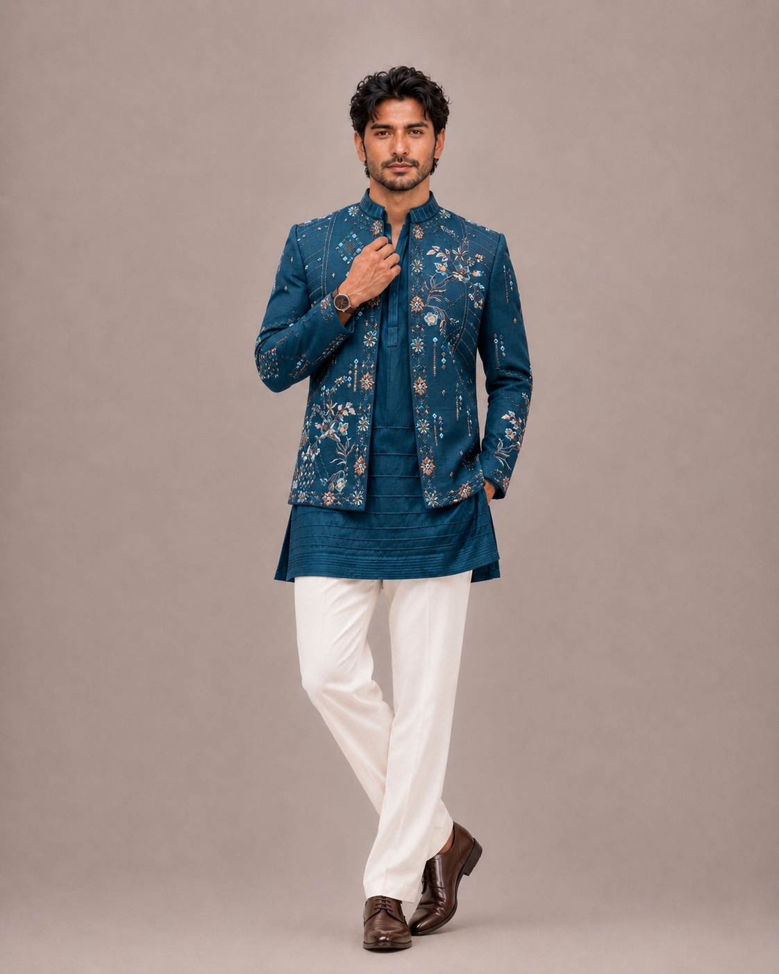 Teal Blue Linen Satin Silk Jodhpuri Suit with Machine Embroidery Work