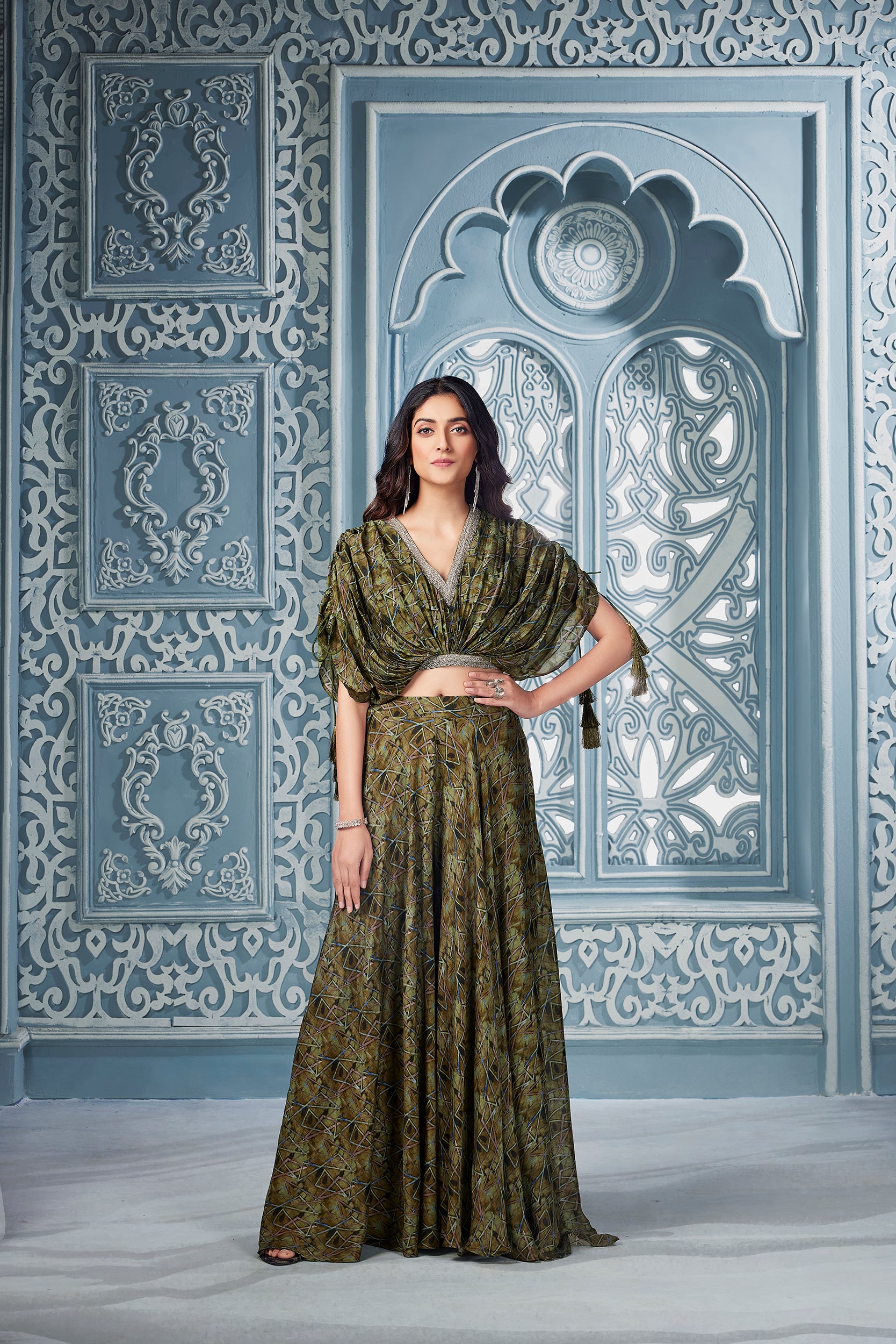 Olive Green Georgette Crop Top Set with Hand Embroidery - Shreeman