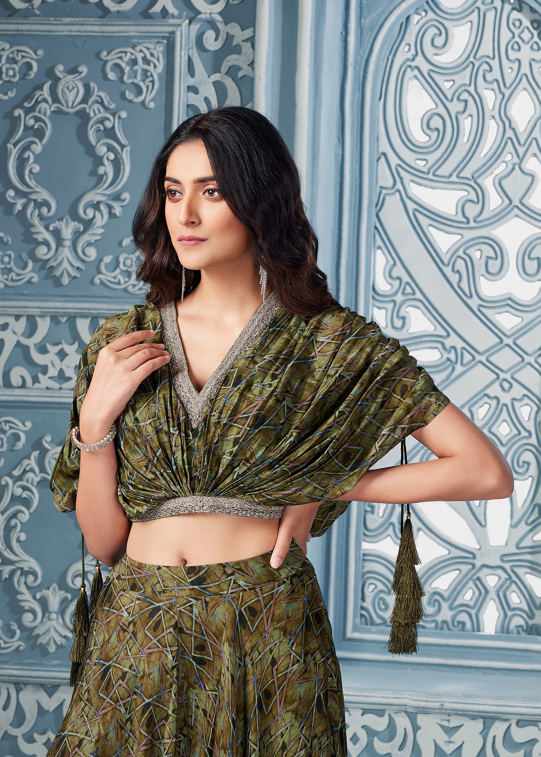 Olive Green Georgette Crop Top Set with Hand Embroidery - Shreeman