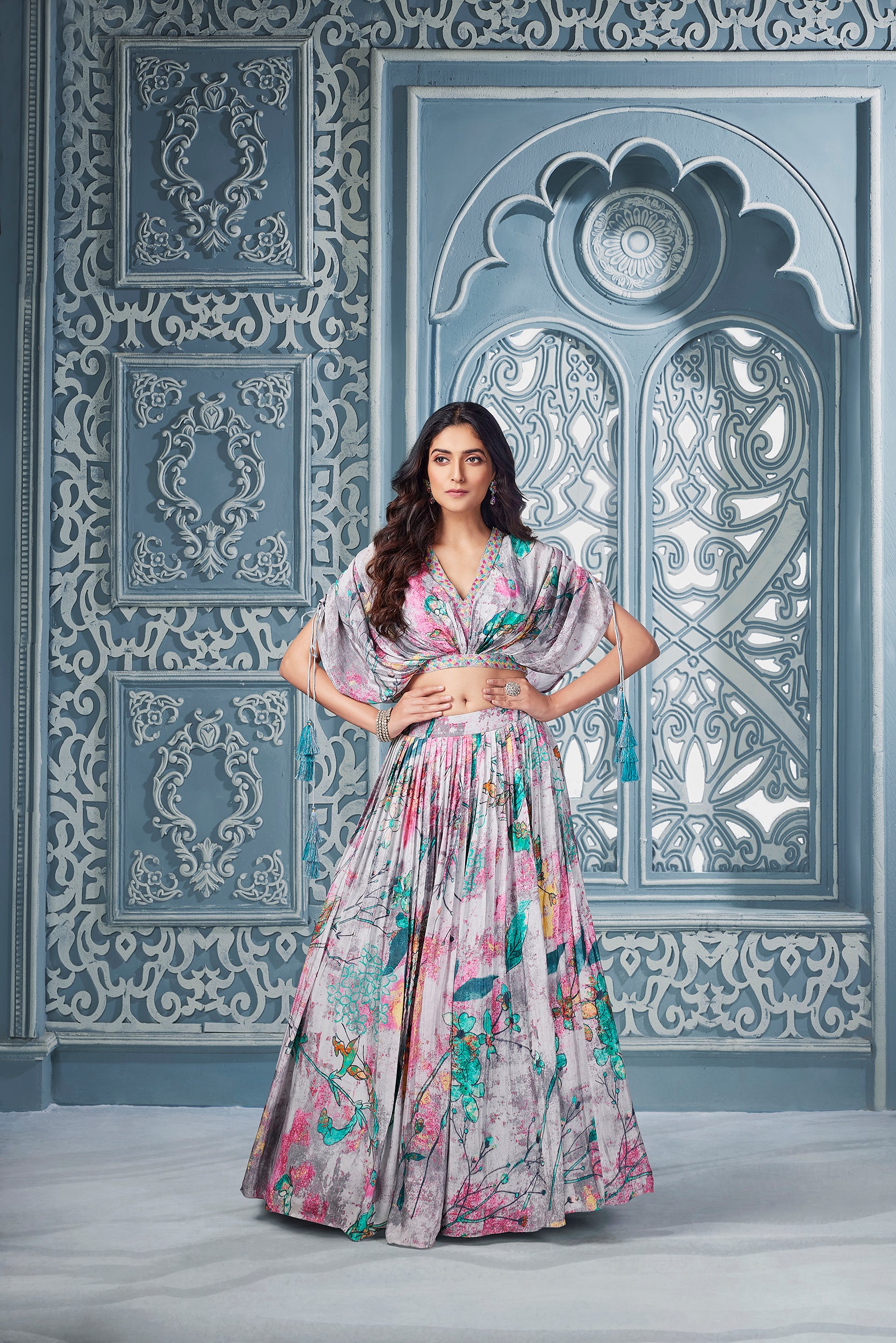 Grey Indowestern Lehenga Set with Hand Embroidery - Shreeman