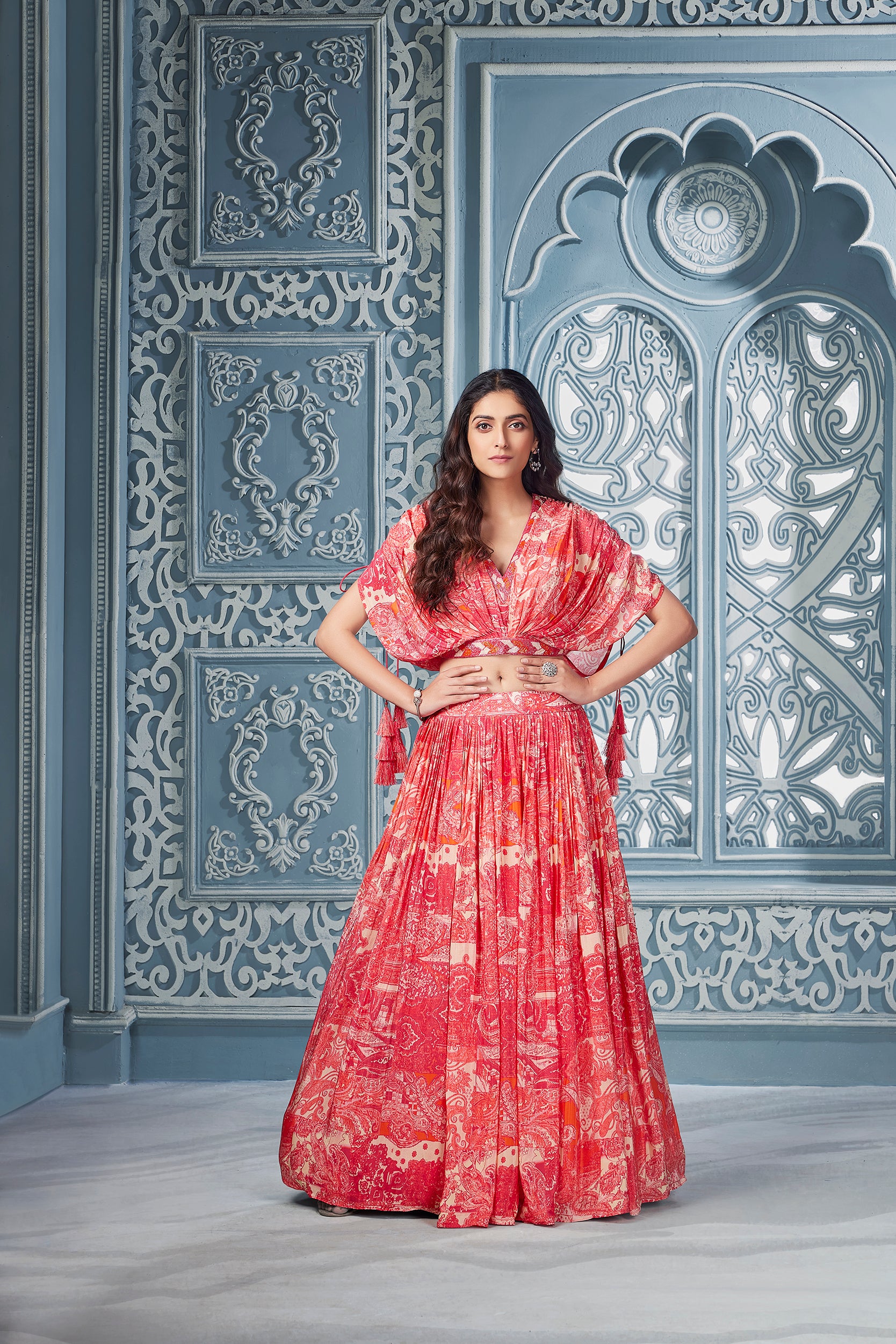 Red Indowestern Lehenga Set with Hand Embroidery - Shreeman