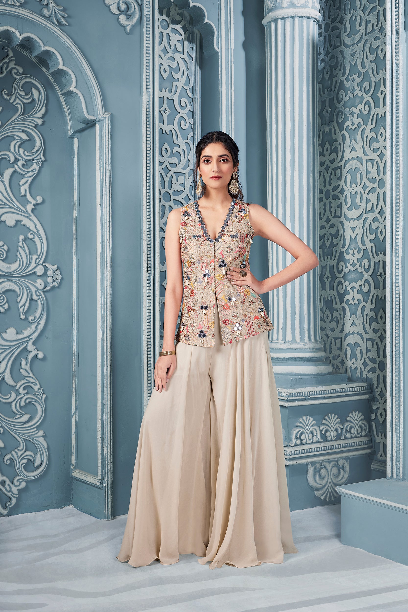 Beige Hand Embroidered Jacket with Solid Palazzo Pants - Shreeman