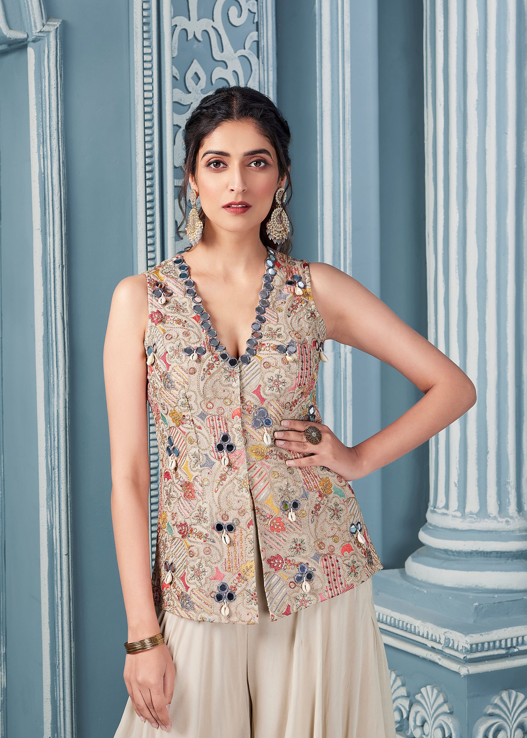 Beige Hand Embroidered Jacket with Solid Palazzo Pants - Shreeman