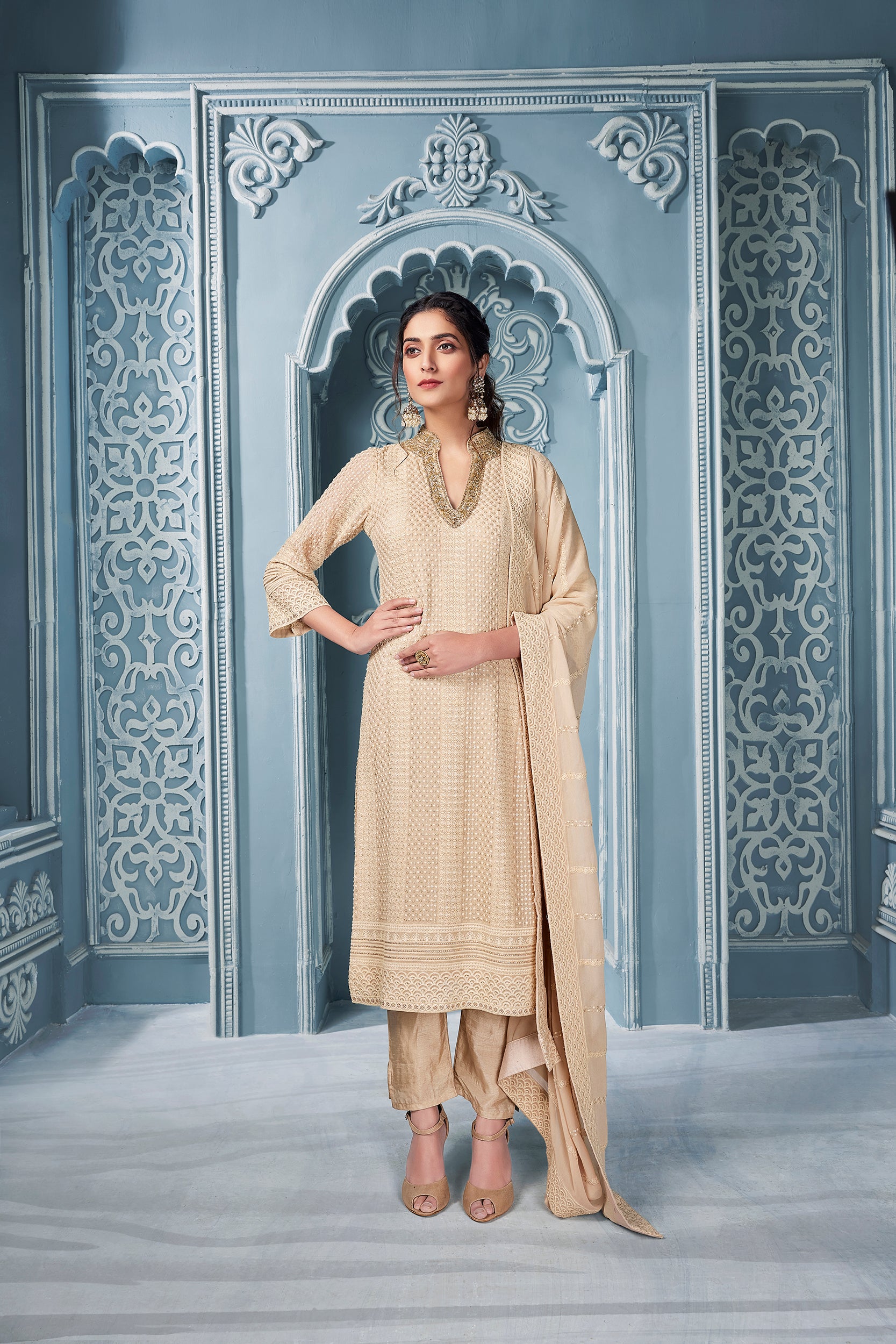 Beige Kurta Set with Gold Hand Embroidery - Shreeman