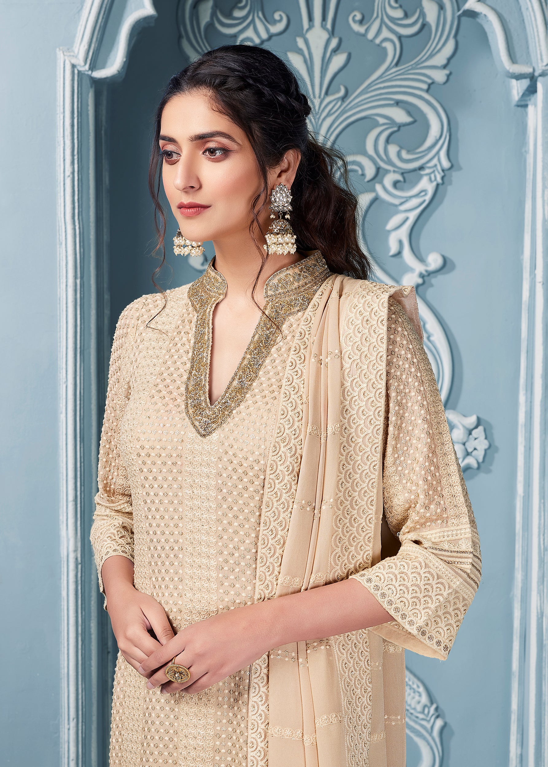 Beige Kurta Set with Gold Hand Embroidery - Shreeman