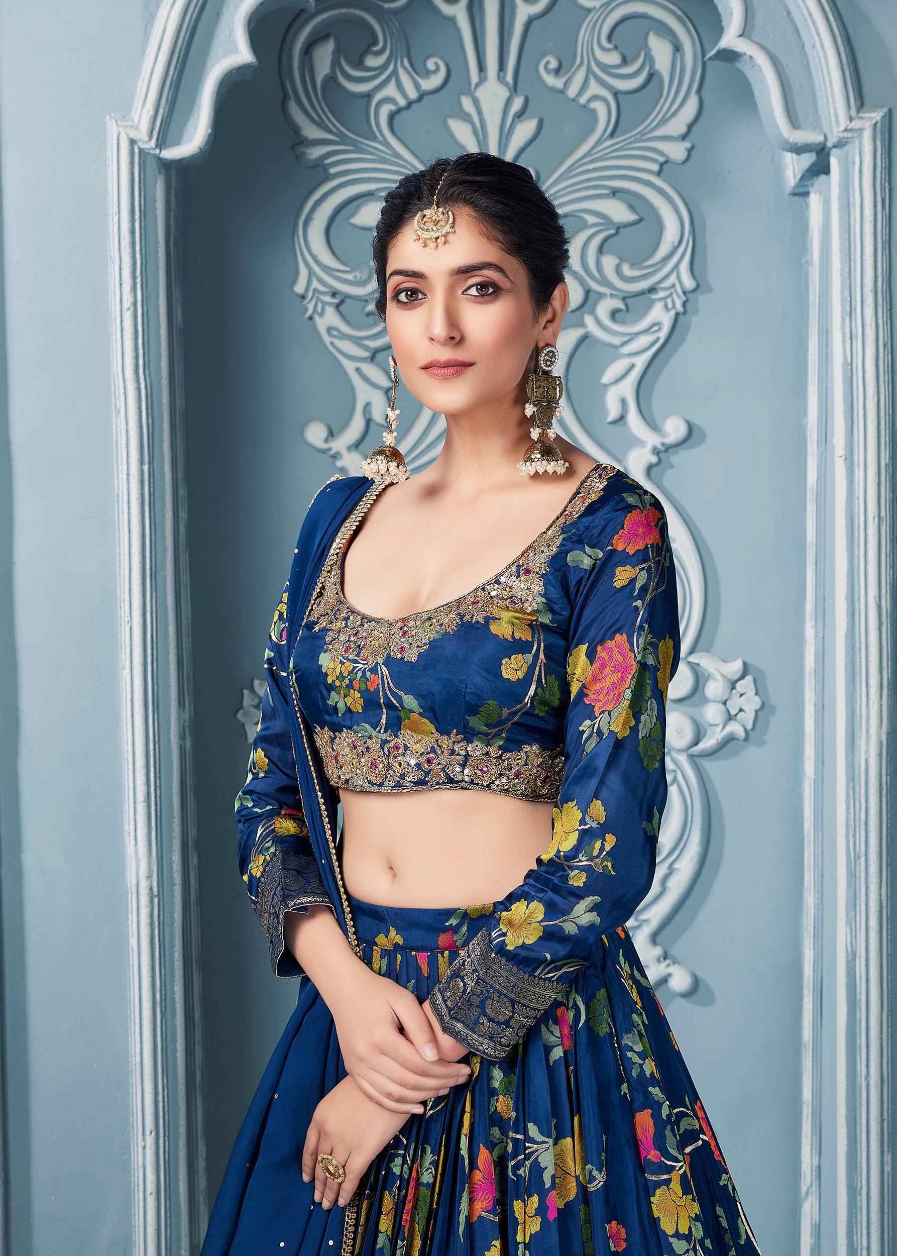 Dark Blue Lehenga Choli with Floral Embroidery Work - Shreeman