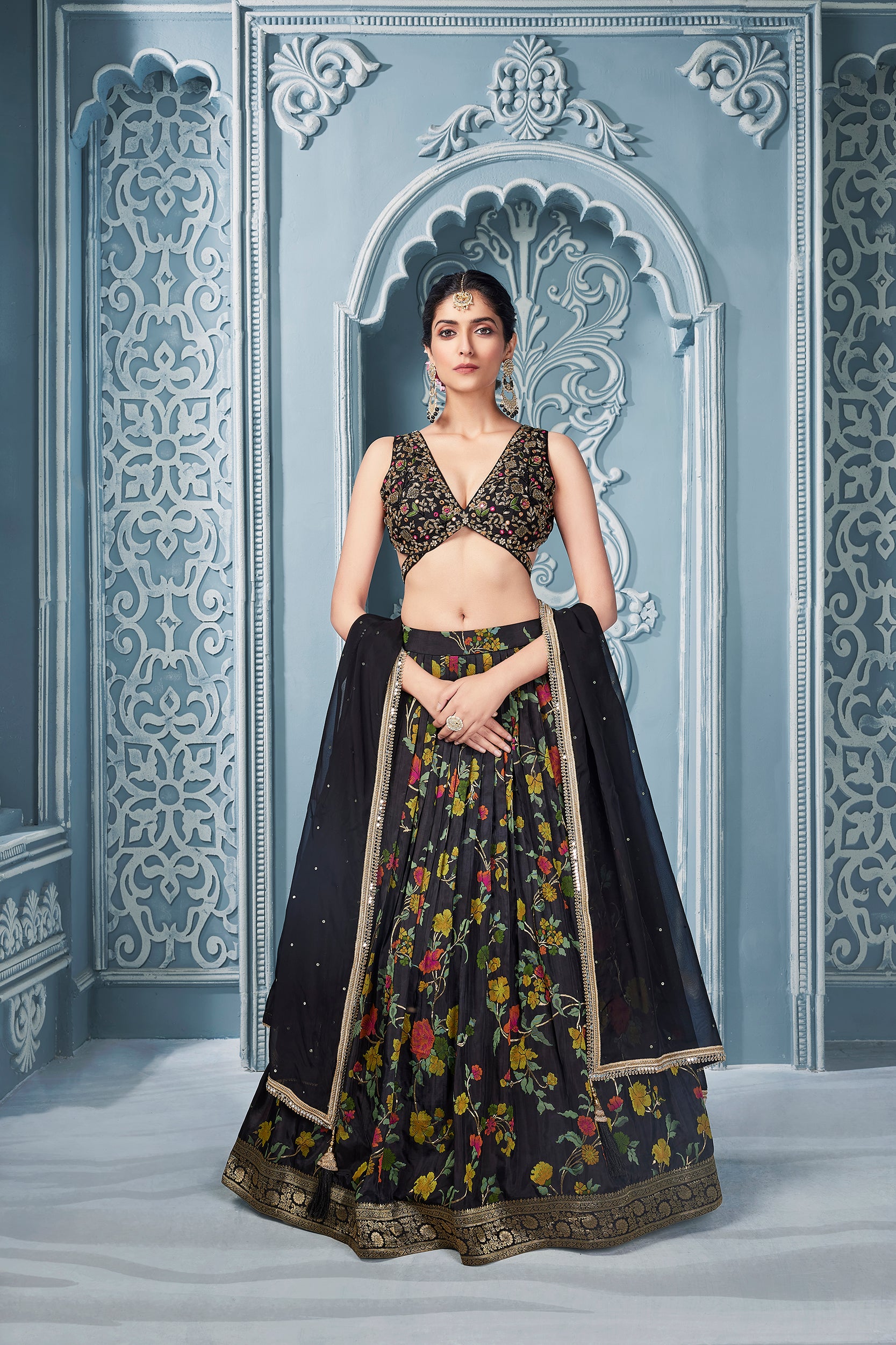 Black Floral Lehenga Set with Zardosi Work - Shreeman