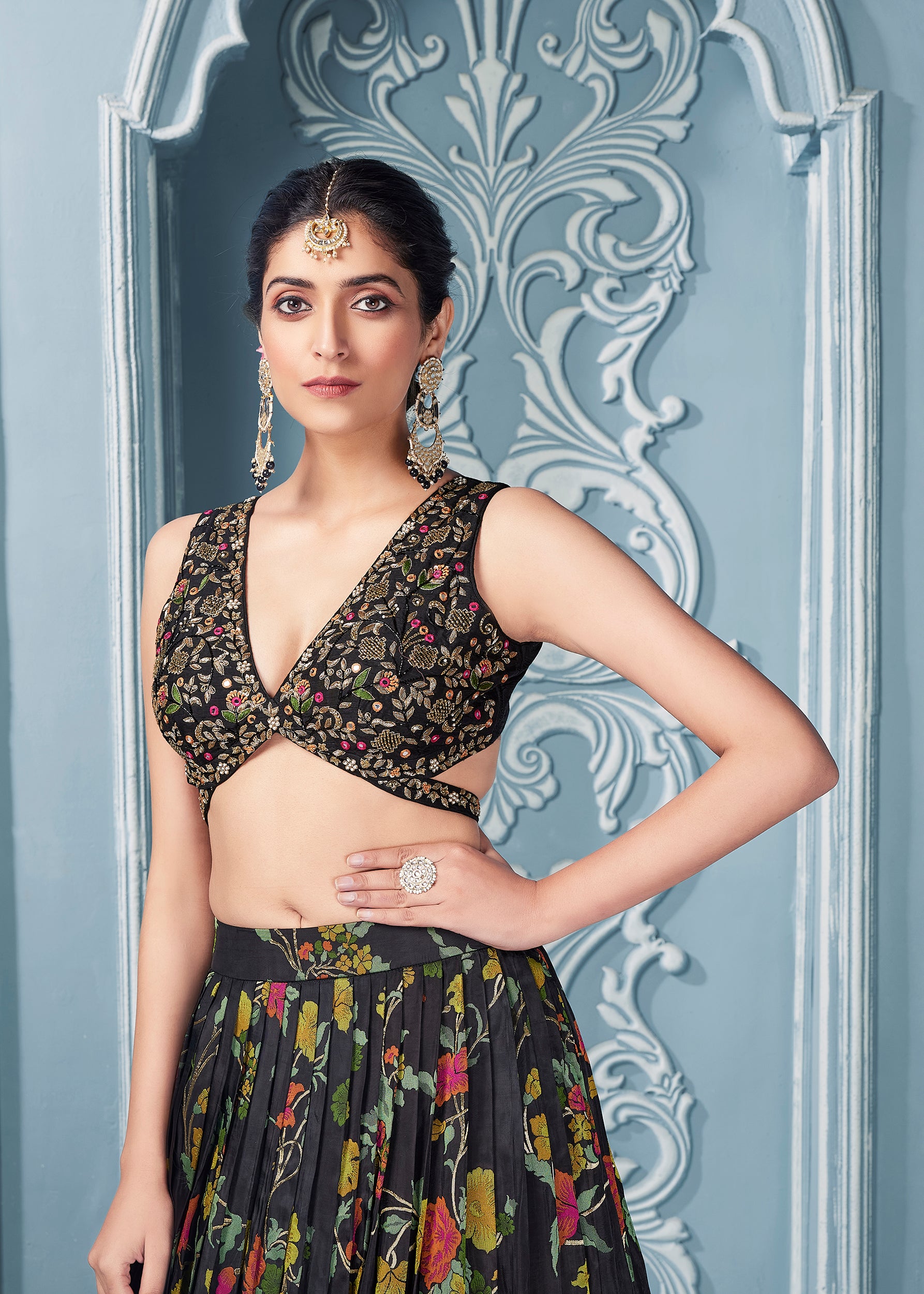 Black Floral Lehenga Set with Zardosi Work - Shreeman