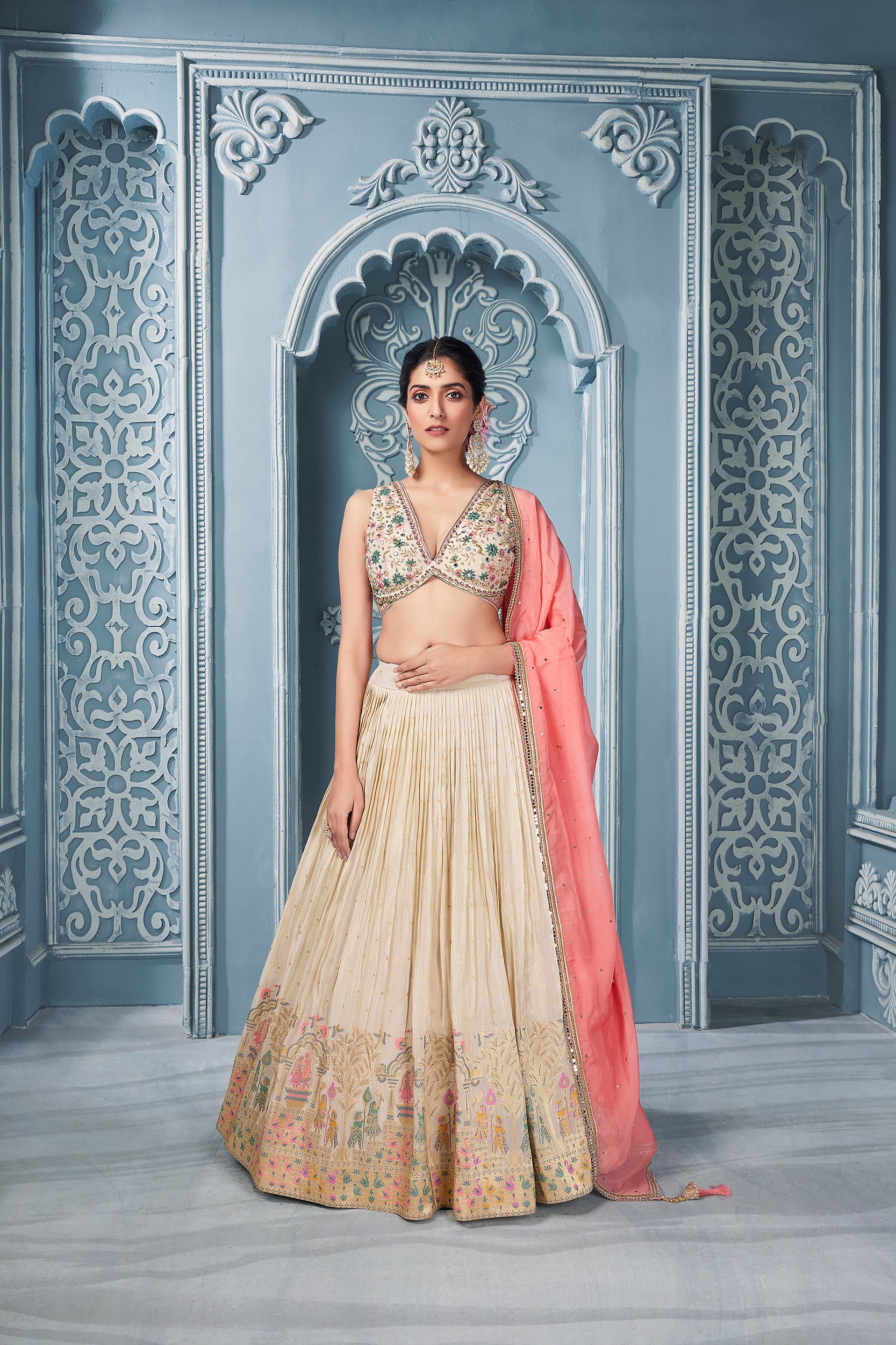 Off White Lehenga Set With Banarasi Border Work - Shreeman