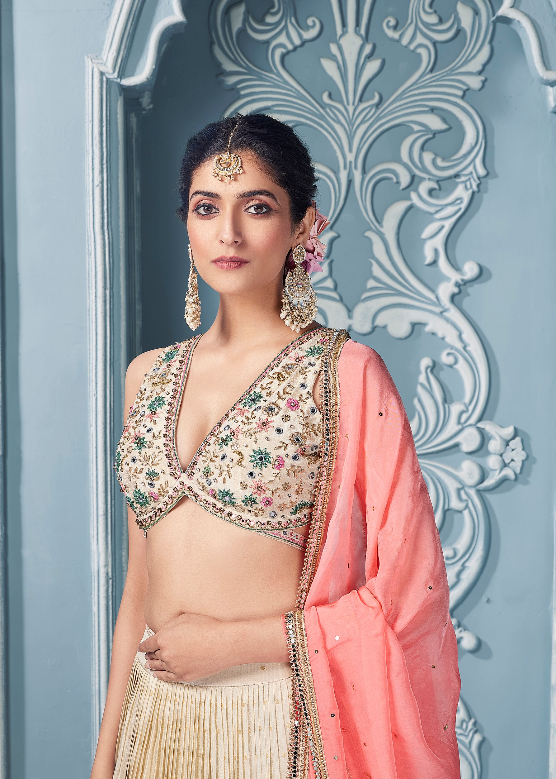 Off White Lehenga Set With Banarasi Border Work - Shreeman