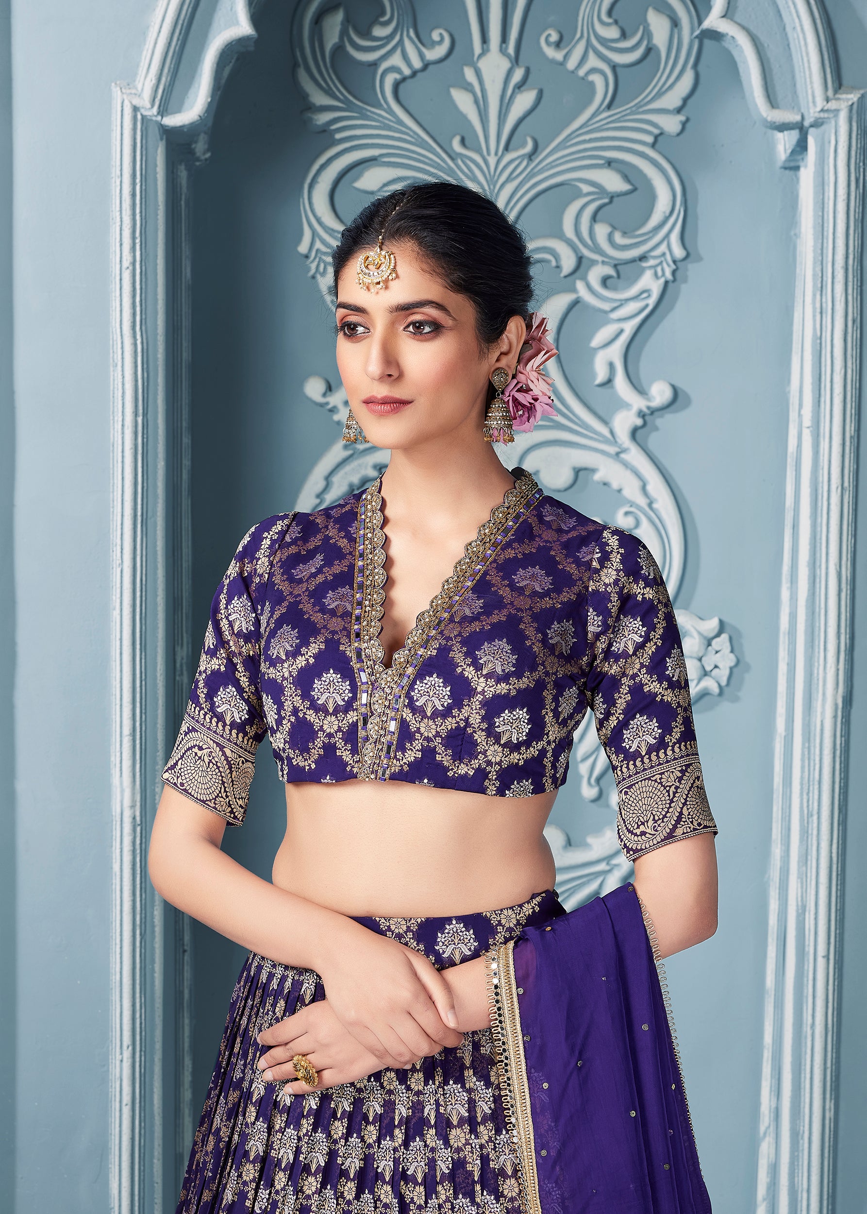 Purple Banarasi Lehenga Set with Embroidered Work - Shreeman